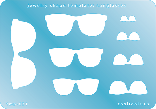 Blue plastic Jewelry Shape Template - Sunglasses Includes 8 shapes. Sizes are from 12.5mm to 57mm.  Our special surface makes it easy to find these templates on your workbench, but allows clarity for positioning.