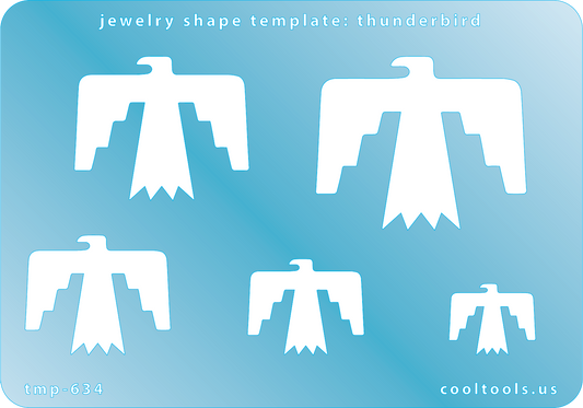 Blue plastic Jewelry Shape Template - Thunderbird Includes 5 shapes. Sizes are from 18.5mm to 45.5mm.  Our special surface makes it easy to find these templates on your workbench, but allows clarity for positioning.