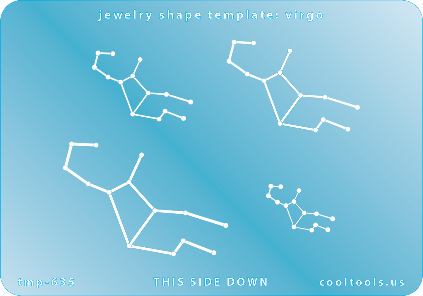Blue plastic Jewelry Shape Template - Astrology Templates Virgo  Includes 4 shapes. Sizes are from 23mm to 55mm.  These astrology templates were specially designed to connect the stars for your favorite zodiac sign. Simply lay the template face down on your clay, roll or push down, and a connecting line will appear between each star.