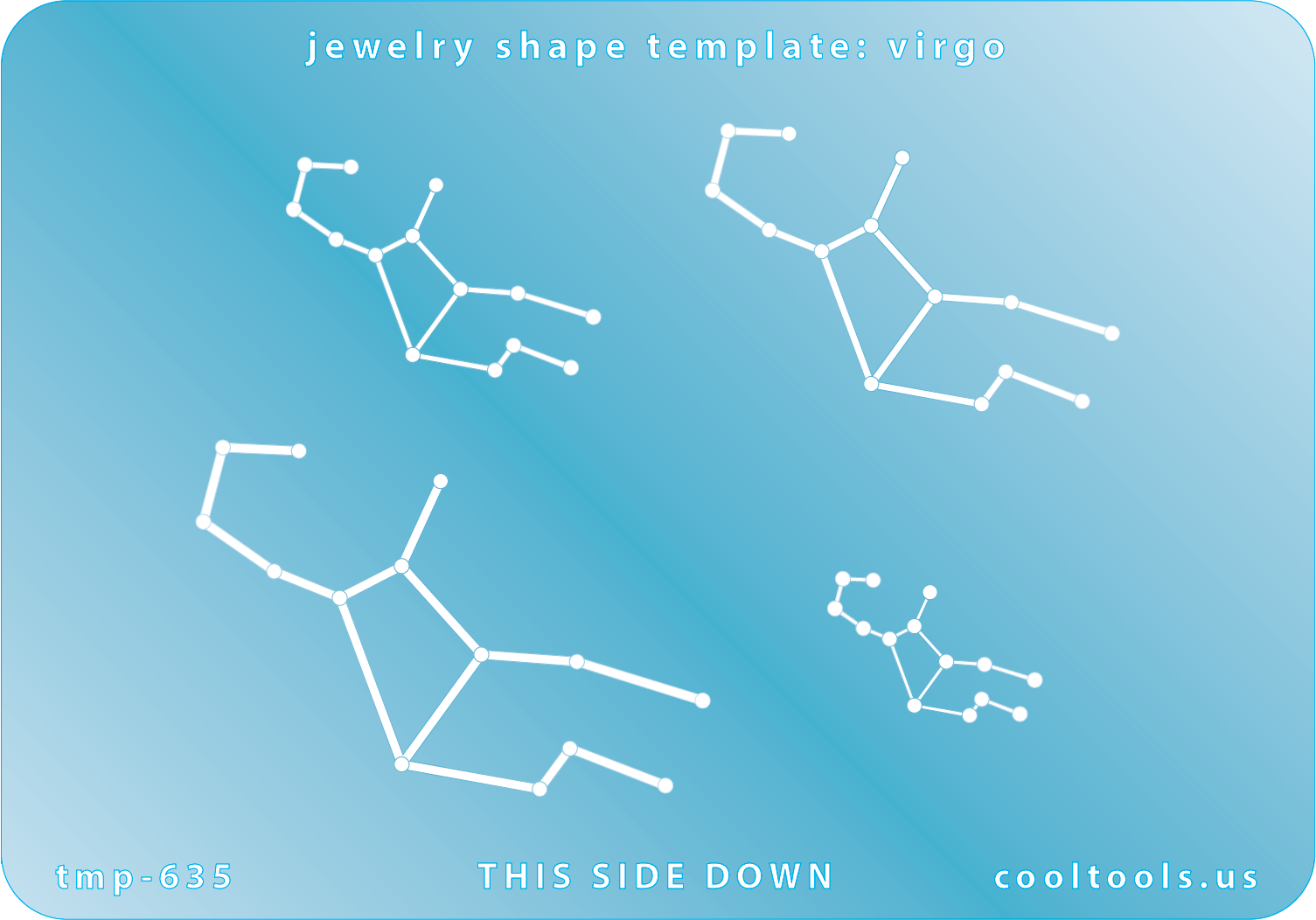 Blue plastic Jewelry Shape Template - Astrology Templates Virgo  Includes 4 shapes. Sizes are from 23mm to 55mm.  These astrology templates were specially designed to connect the stars for your favorite zodiac sign. Simply lay the template face down on your clay, roll or push down, and a connecting line will appear between each star.
