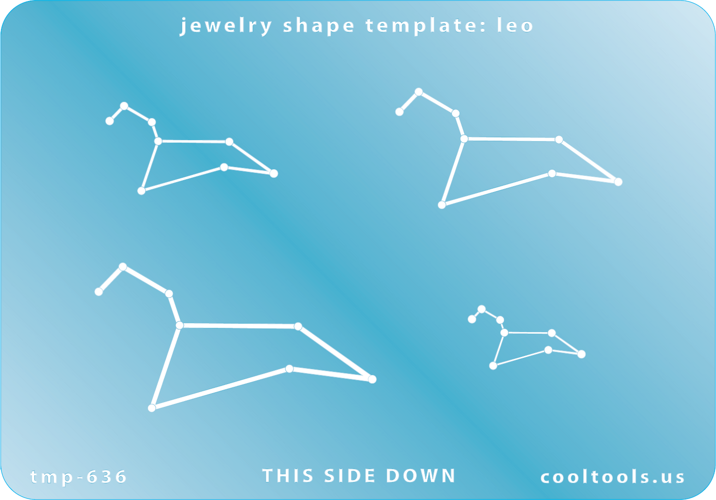Blue plastic Jewelry Shape Template - Astrology Templates Leo.Includes 4 shapes. Sizes are from 21.5mm to 52mm.  These astrology templates were specially designed to connect the stars for your favorite zodiac sign. Simply lay the template face down on your clay, roll or push down, and a connecting line will appear between each star.