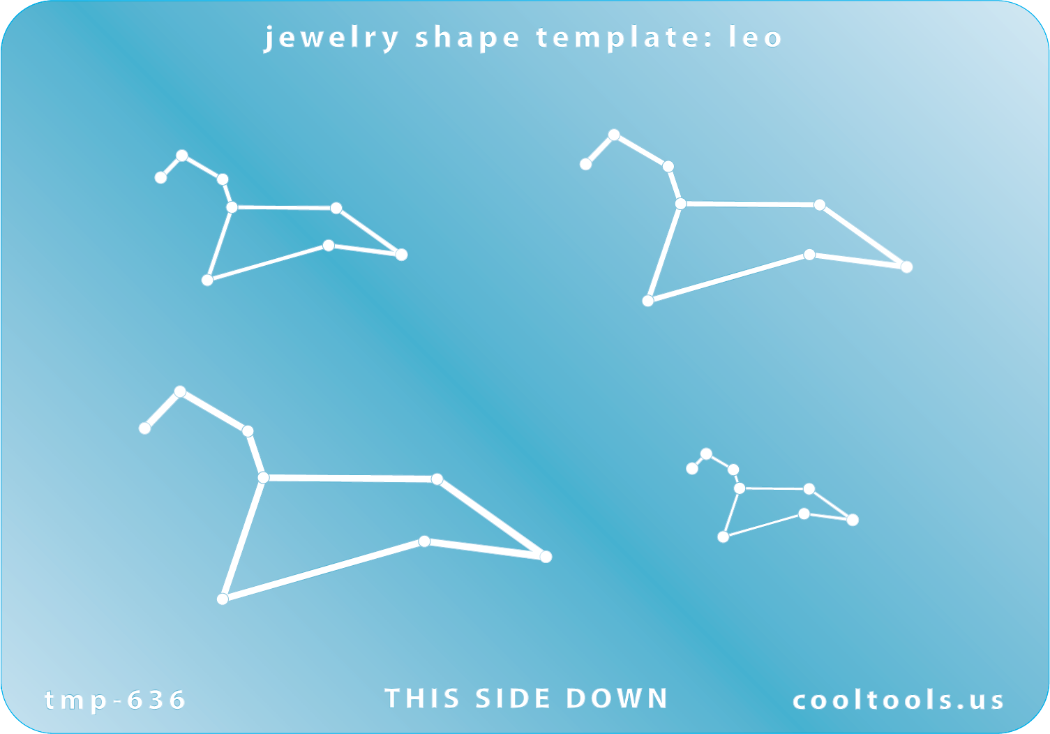 Blue plastic Jewelry Shape Template - Astrology Templates Leo.Includes 4 shapes. Sizes are from 21.5mm to 52mm.  These astrology templates were specially designed to connect the stars for your favorite zodiac sign. Simply lay the template face down on your clay, roll or push down, and a connecting line will appear between each star.
