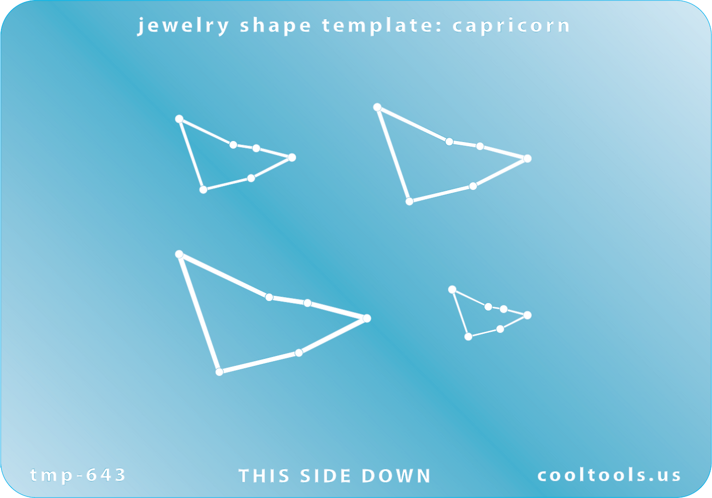 Blue plastic Jewelry Shape Template - Capricorn Astrology Templates Includes 4 shapes. Sizes are from 15.5mm to 36.5mm.  These astrology templates were specially designed to connect the stars for your favorite zodiac sign. Simply lay the template face down on your clay, roll or push down, and a connecting line will appear between each star.