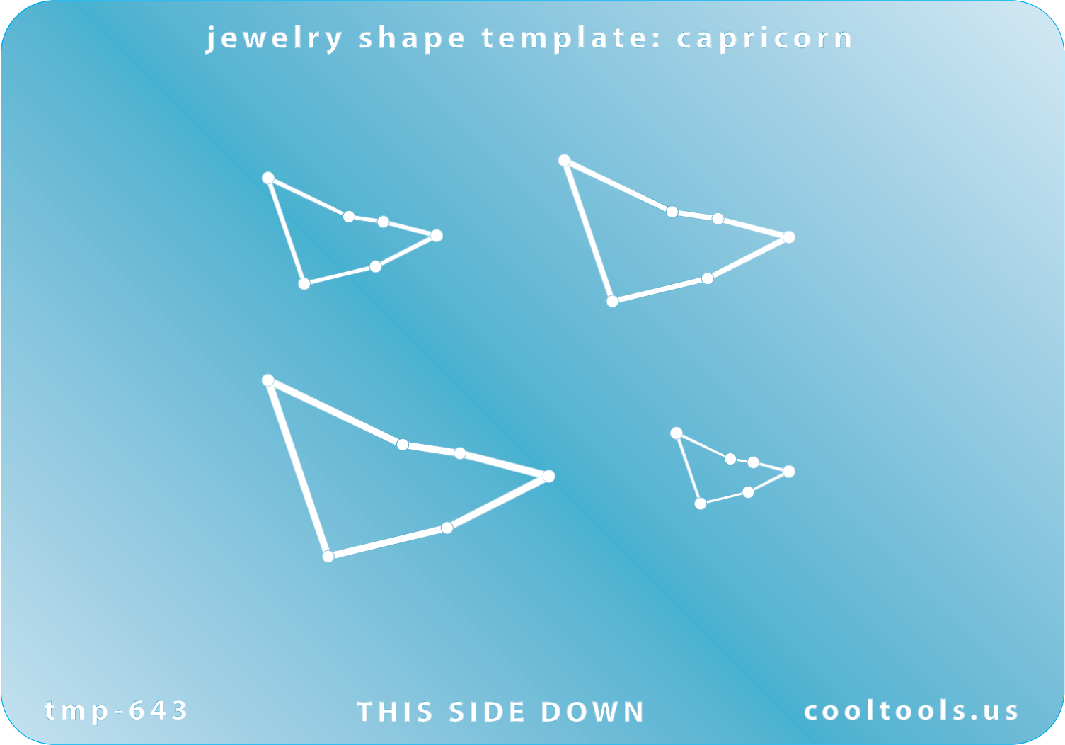 Blue plastic Jewelry Shape Template - Capricorn Astrology Templates Includes 4 shapes. Sizes are from 15.5mm to 36.5mm.  These astrology templates were specially designed to connect the stars for your favorite zodiac sign. Simply lay the template face down on your clay, roll or push down, and a connecting line will appear between each star.