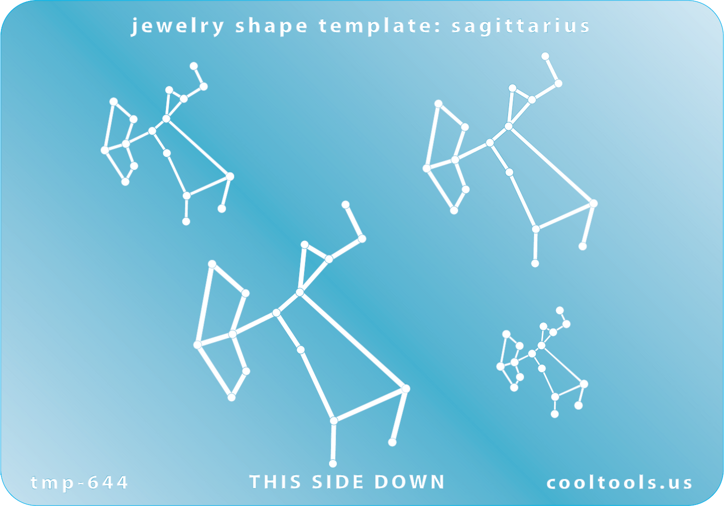 Blue plastic Jewelry Shape Template - Astrology Templates Sagittarius  Includes 4 shapes. Sizes are from 19mm to 46mm.  These astrology templates were specially designed to connect the stars for your favorite zodiac sign. Simply lay the template face down on your clay, roll or push down, and a connecting line will appear between each star.