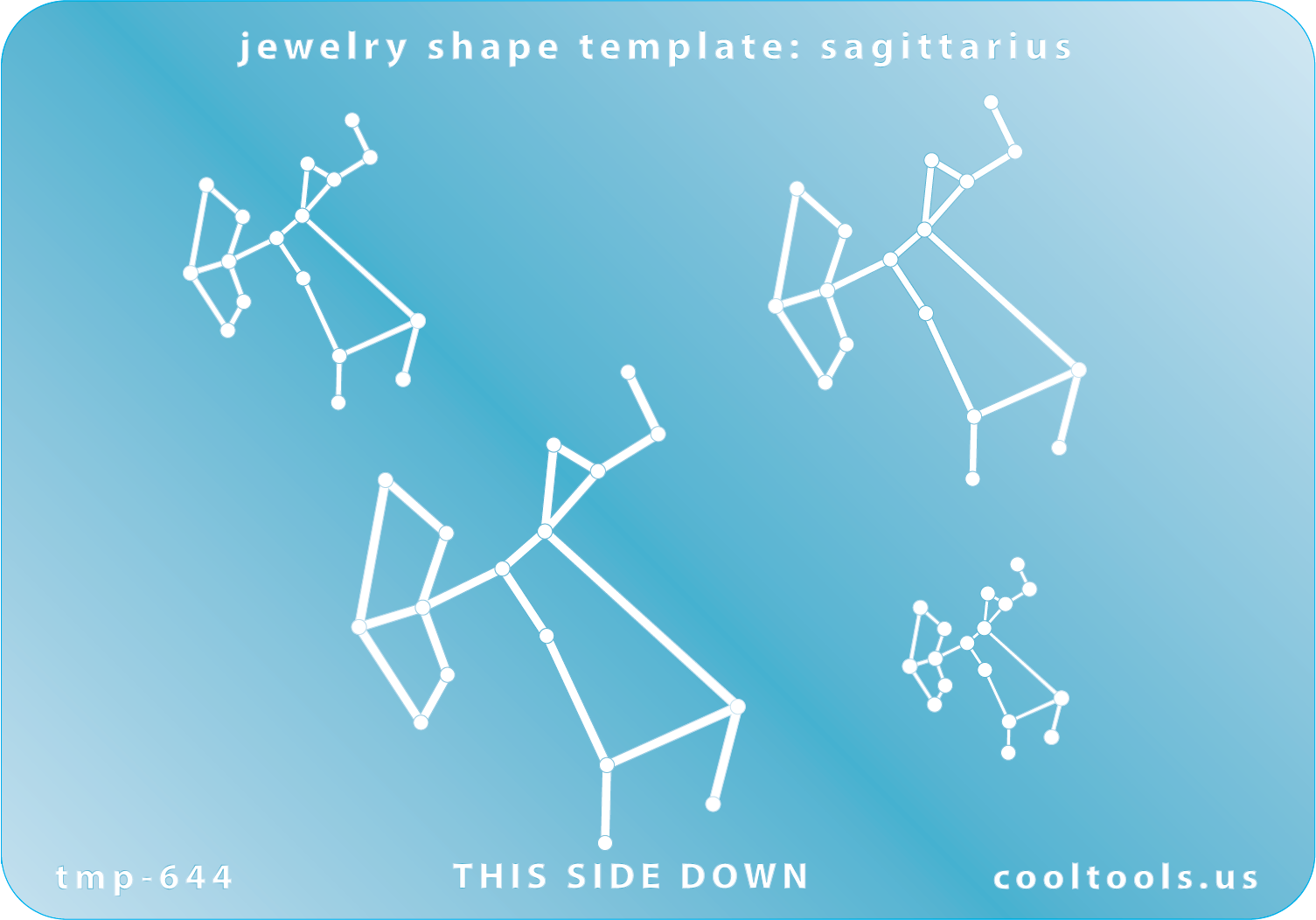 Blue plastic Jewelry Shape Template - Astrology Templates Sagittarius  Includes 4 shapes. Sizes are from 19mm to 46mm.  These astrology templates were specially designed to connect the stars for your favorite zodiac sign. Simply lay the template face down on your clay, roll or push down, and a connecting line will appear between each star.