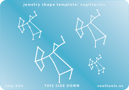 Blue plastic Jewelry Shape Template - Astrology Templates Sagittarius  Includes 4 shapes. Sizes are from 19mm to 46mm.  These astrology templates were specially designed to connect the stars for your favorite zodiac sign. Simply lay the template face down on your clay, roll or push down, and a connecting line will appear between each star.