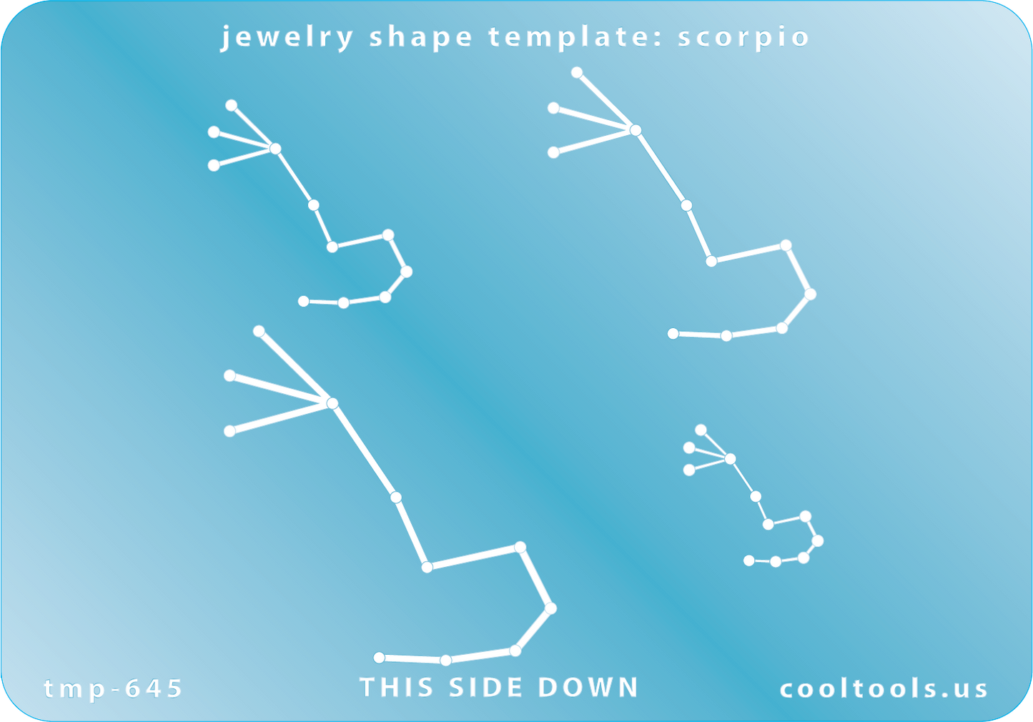 Blue plastic Jewelry Shape Template - Astrology Templates Scorpio Includes 4 shapes. Sizes are from 16.5mm to 47mm.  These astrology templates were specially designed to connect the stars for your favorite zodiac sign. Simply lay the template face down on your clay, roll or push down, and a connecting line will appear between each star.