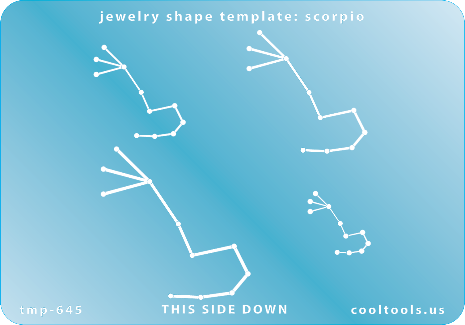 Blue plastic Jewelry Shape Template - Astrology Templates Scorpio Includes 4 shapes. Sizes are from 16.5mm to 47mm.  These astrology templates were specially designed to connect the stars for your favorite zodiac sign. Simply lay the template face down on your clay, roll or push down, and a connecting line will appear between each star.