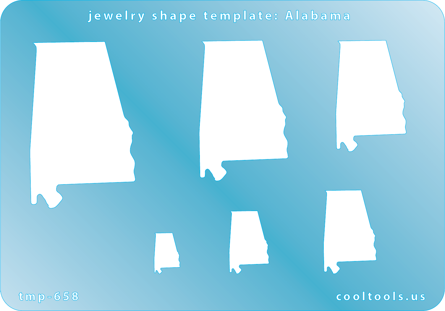 Blue plastic Jewelry Shape Template - Alabama All 50 U.S. States are available. These templates are perfect for creating a personalized gift or a piece for yourself to represent your favorite state.  Includes 6 shapes. Sizes are from 11.5mm to 47.5mm.  Our special surface makes it easy to find these templates on your workbench, but allows clarity for positioning.