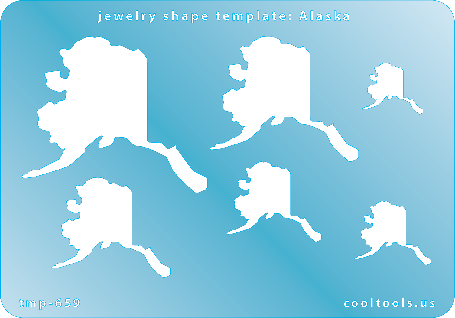 Blue plastic Jewelry Shape Template - Alaska All 50 U.S. States are available. These templates are perfect for creating a personalized gift or a piece for yourself to represent your favorite state.  Includes 6 shapes. Sizes are from 16.5mm to 50mm.  Our special surface makes it easy to find these templates on your workbench, but allows clarity for positioning.