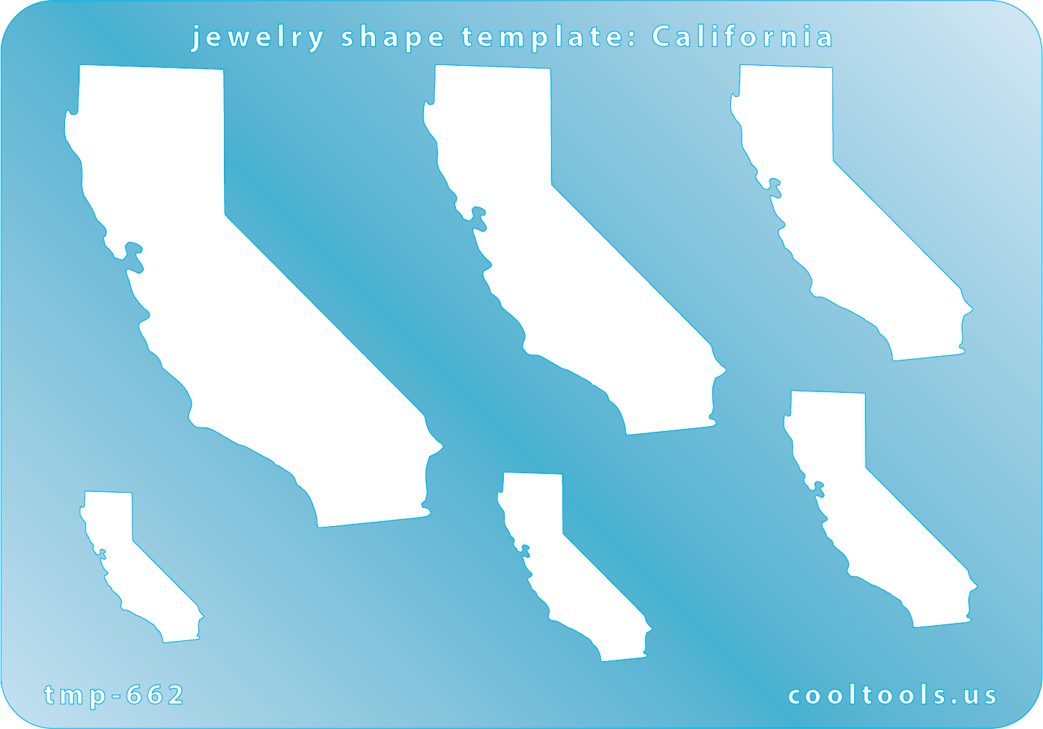 Blue plastic Jewelry Shape Template - California All 50 U.S. States are available. These templates are perfect for creating a personalized gift or a piece for yourself to represent your favorite state.  Includes 6 shapes. Sizes are from 22mm to 69mm.