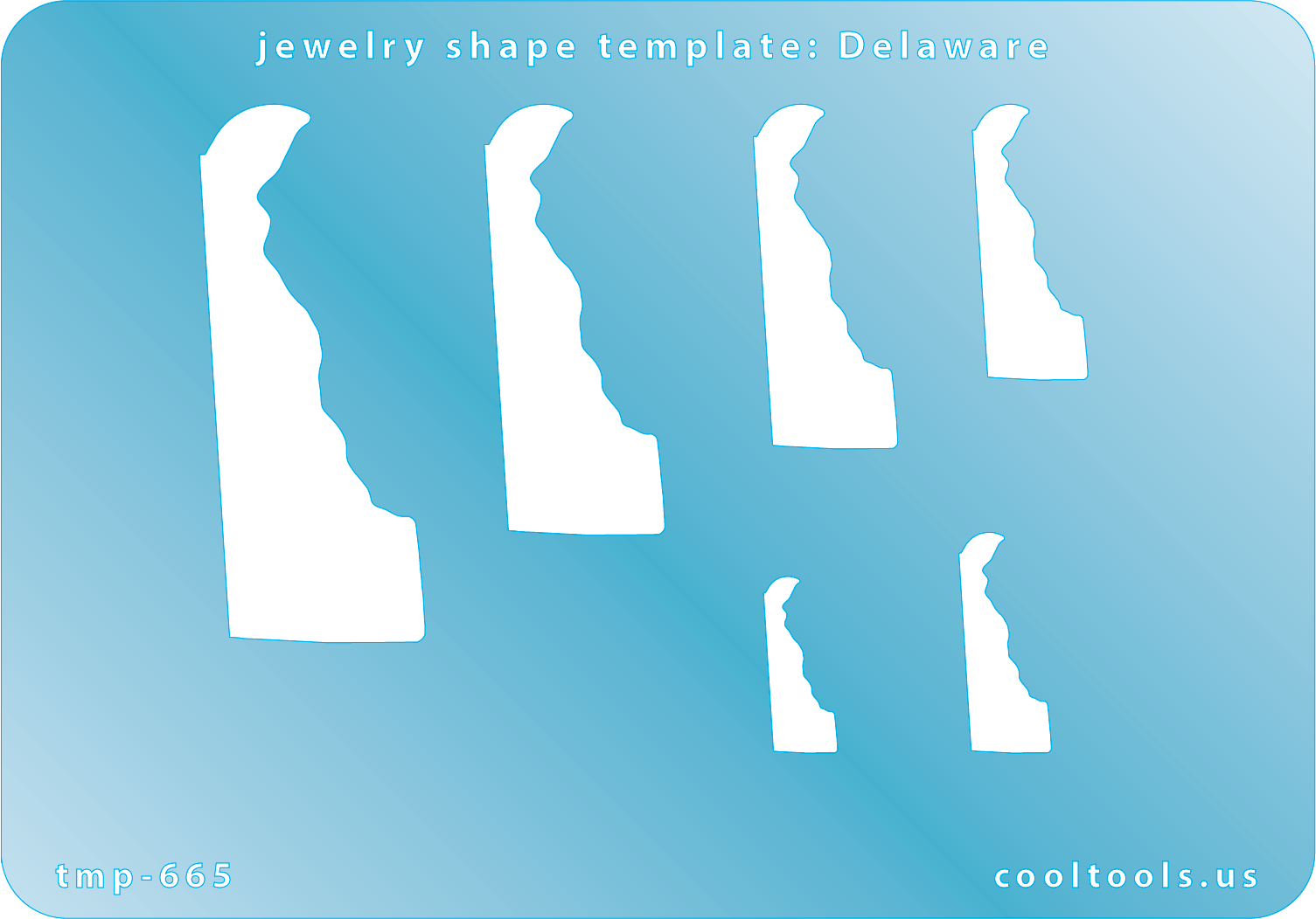 Blue plastic Jewelry Shape Template - Delaware All 50 U.S. States are available. These templates are perfect for creating a personalized gift or a piece for yourself to represent your favorite state.  Includes 6 shapes. Sizes are from 17mm to 51.5mm.