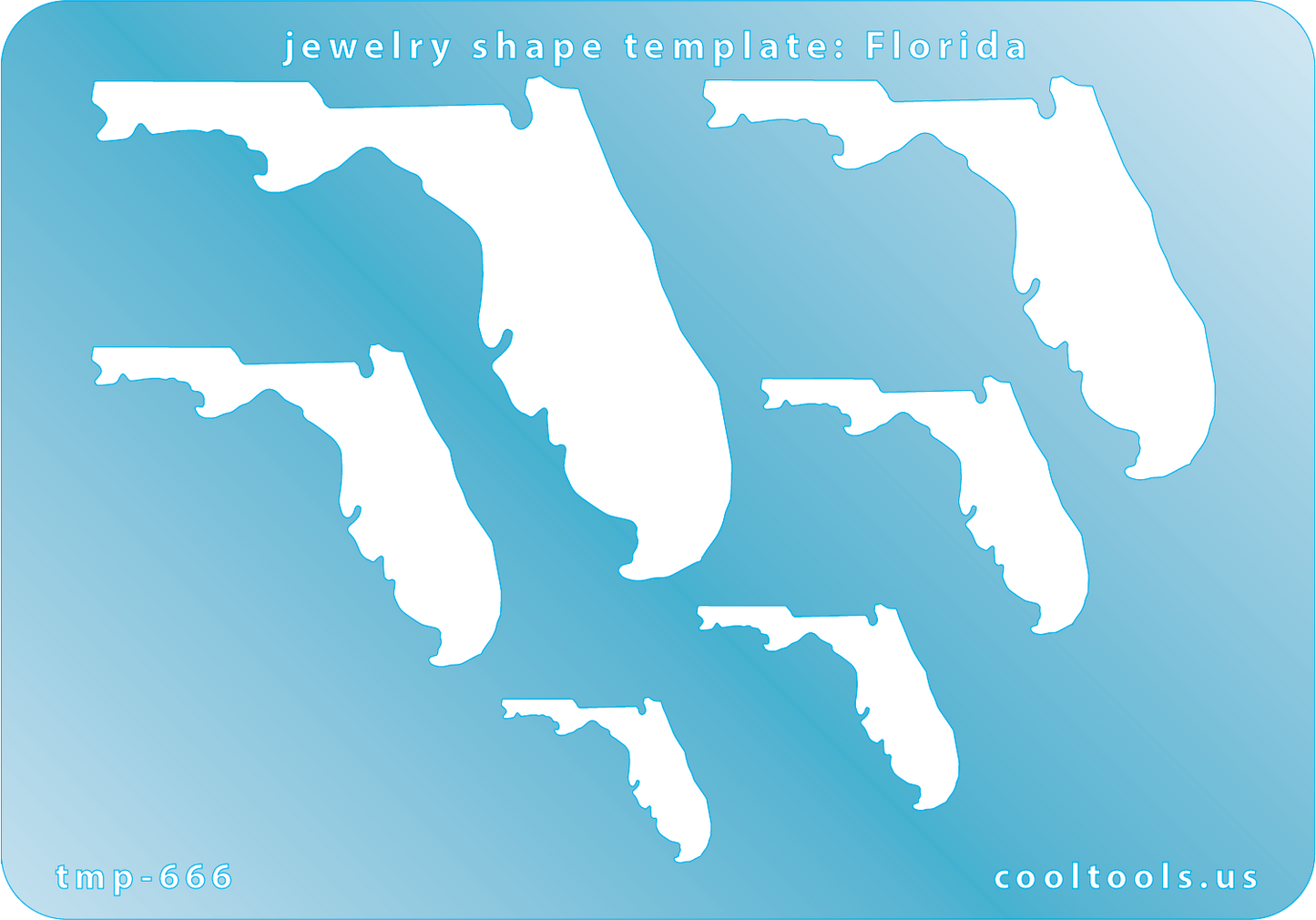 Blue plastic Jewelry Shape Template - Florida All 50 U.S. States are available. These templates are perfect for creating a personalized gift or a piece for yourself to represent your favorite state.  Includes 6 shapes. Sizes are from 24mm to 73.5mm.
