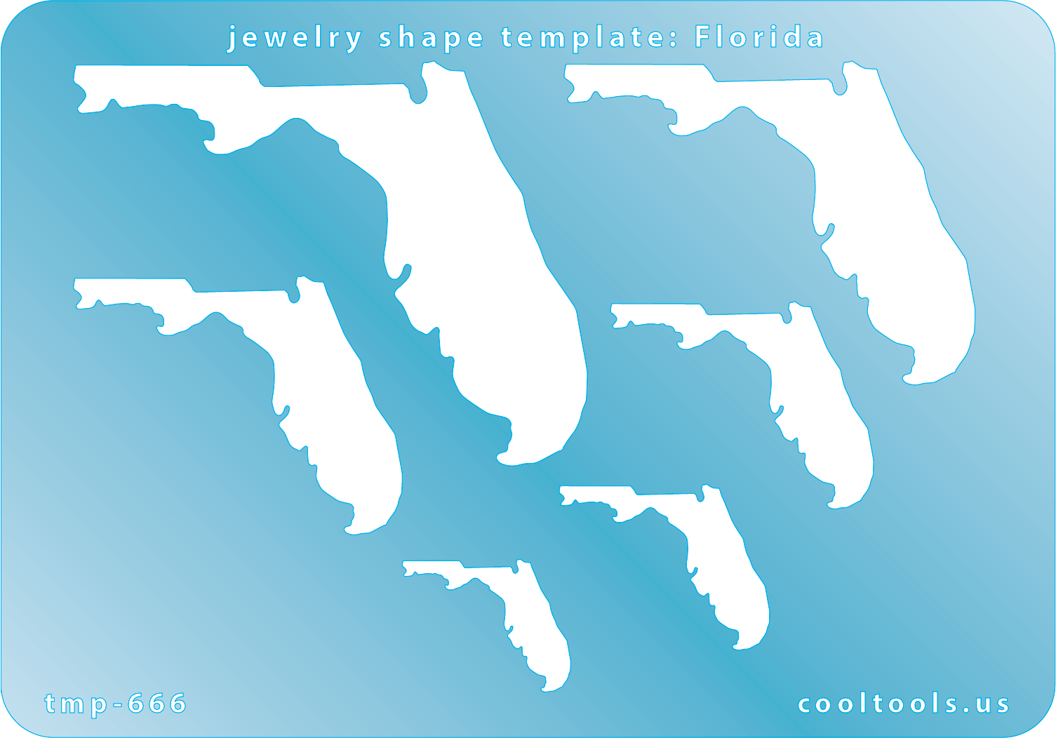 Blue plastic Jewelry Shape Template - Florida All 50 U.S. States are available. These templates are perfect for creating a personalized gift or a piece for yourself to represent your favorite state.  Includes 6 shapes. Sizes are from 24mm to 73.5mm.