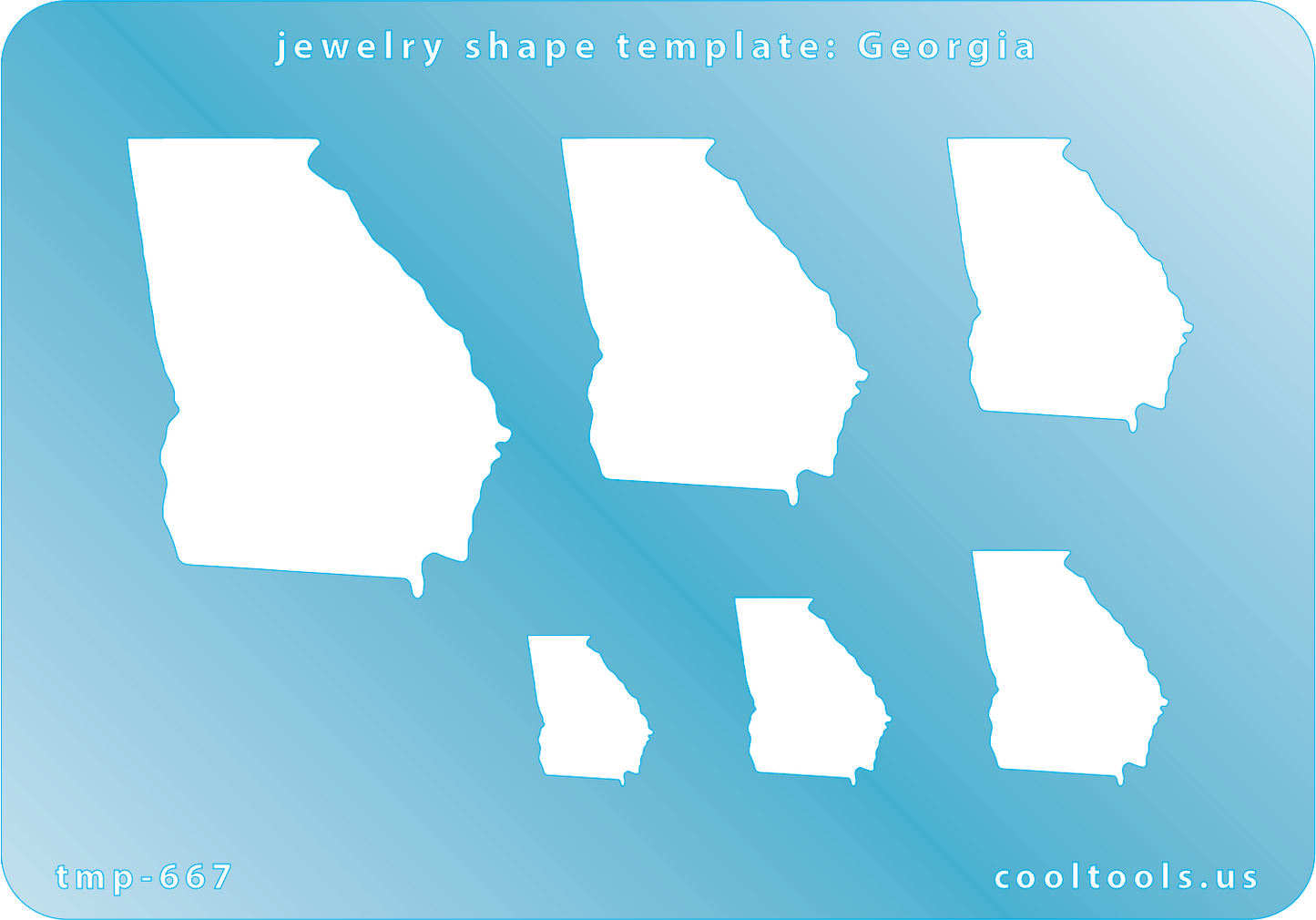 Blue plastic Jewelry Shape Template - Georgia All 50 U.S. States are available. These templates are perfect for creating a personalized gift or a piece for yourself to represent your favorite state.  Includes 6 shapes. Sizes are from 16.5mm to 52mm.