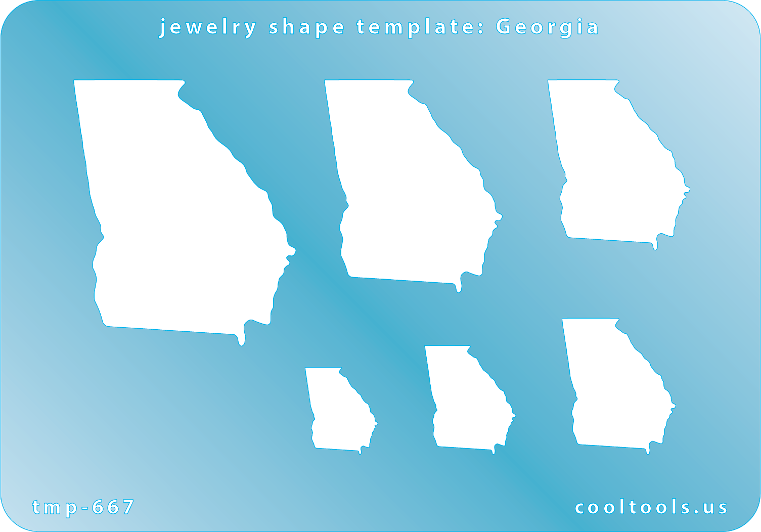 Blue plastic Jewelry Shape Template - Georgia All 50 U.S. States are available. These templates are perfect for creating a personalized gift or a piece for yourself to represent your favorite state.  Includes 6 shapes. Sizes are from 16.5mm to 52mm.
