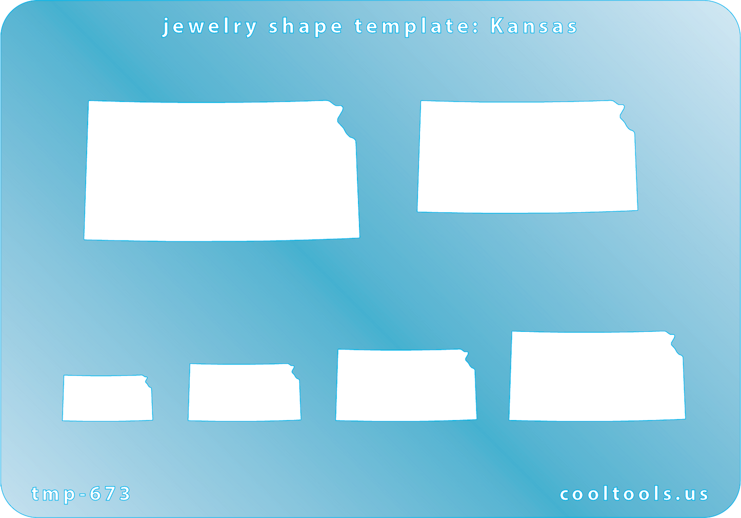 Blue plastic Jewelry Shape Template - Kansas All 50 U.S. States are available. These templates are perfect for creating a personalized gift or a piece for yourself to represent your favorite state.  Includes 6 shapes. Sizes are from 15mm to 46.5mm.