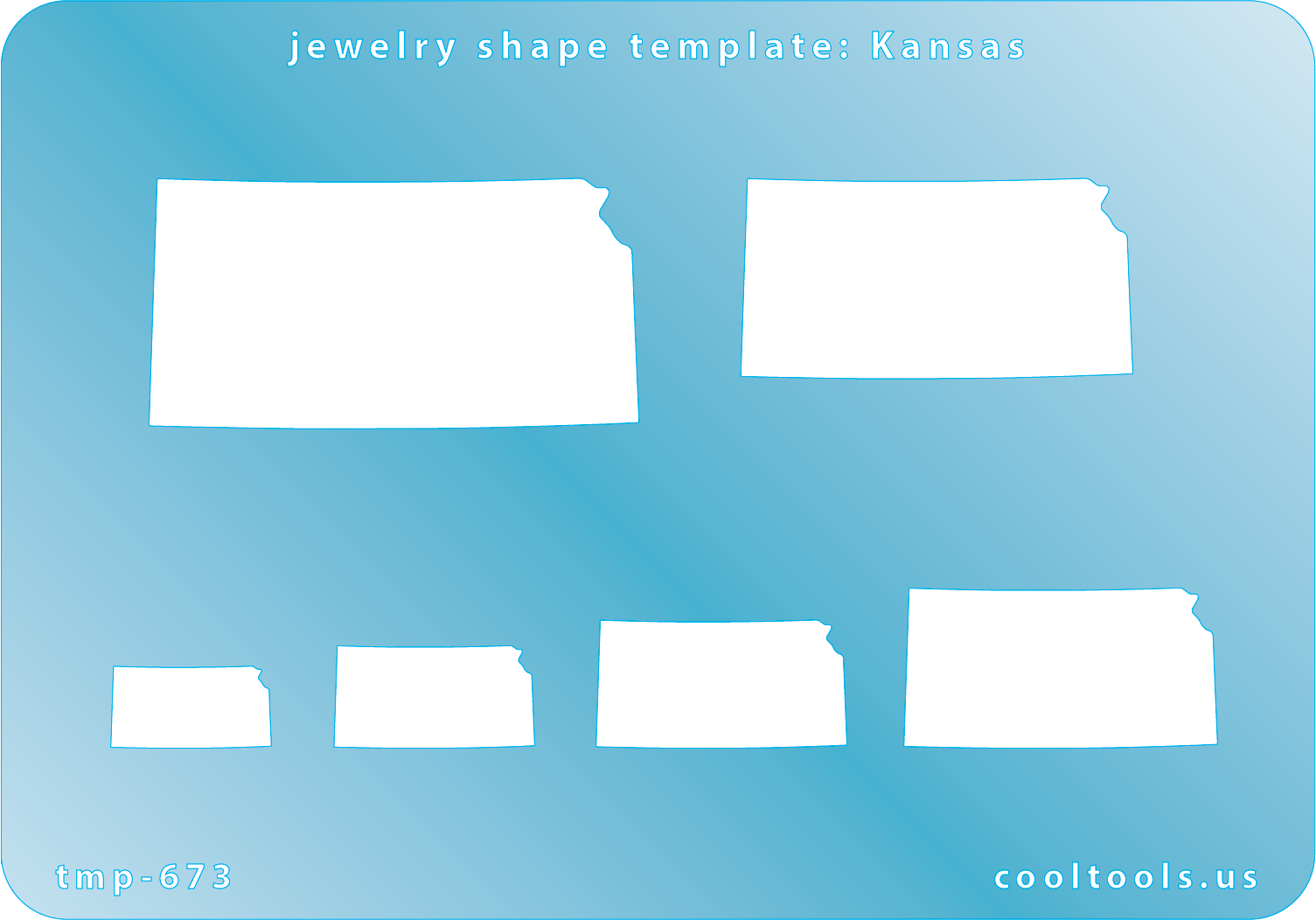 Blue plastic Jewelry Shape Template - Kansas All 50 U.S. States are available. These templates are perfect for creating a personalized gift or a piece for yourself to represent your favorite state.  Includes 6 shapes. Sizes are from 15mm to 46.5mm.