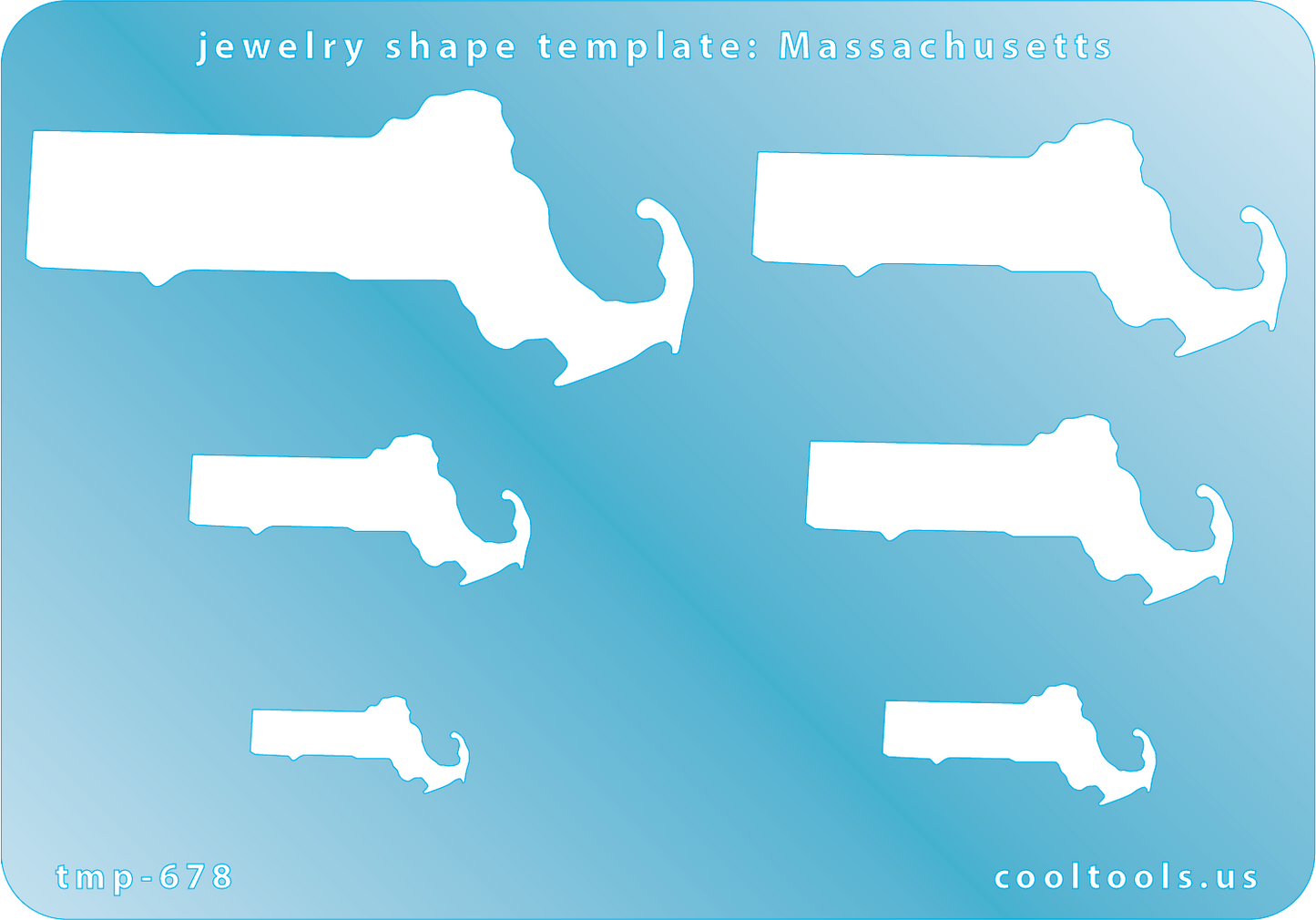 Blue plastic Jewelry Shape Template - Massachusetts All 50 U.S. States are available. These templates are perfect for creating a personalized gift or a piece for yourself to represent your favorite state.  Includes 6 shapes. Sizes are from 21mm to 64mm.