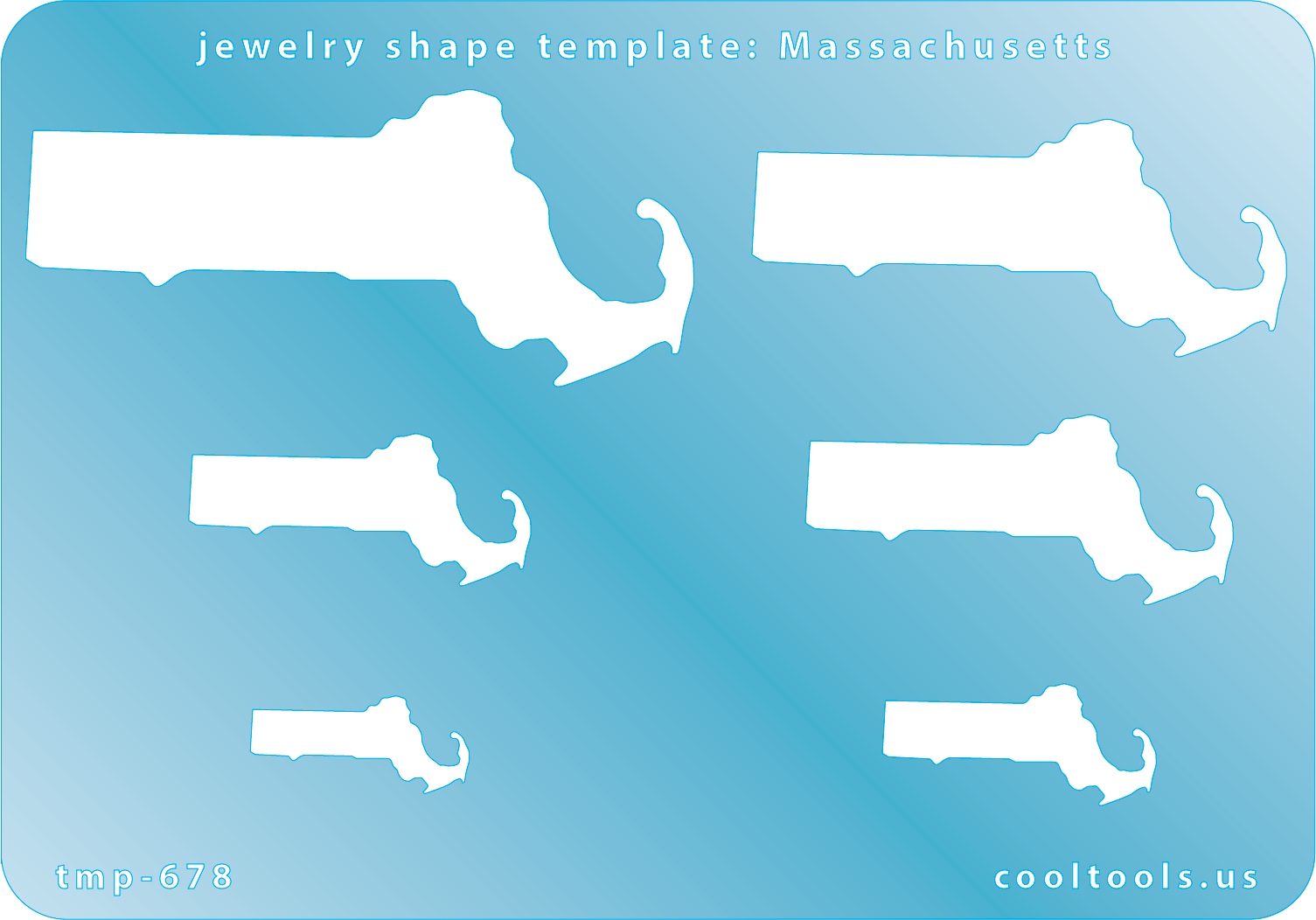 Blue plastic Jewelry Shape Template - Massachusetts All 50 U.S. States are available. These templates are perfect for creating a personalized gift or a piece for yourself to represent your favorite state.  Includes 6 shapes. Sizes are from 21mm to 64mm.