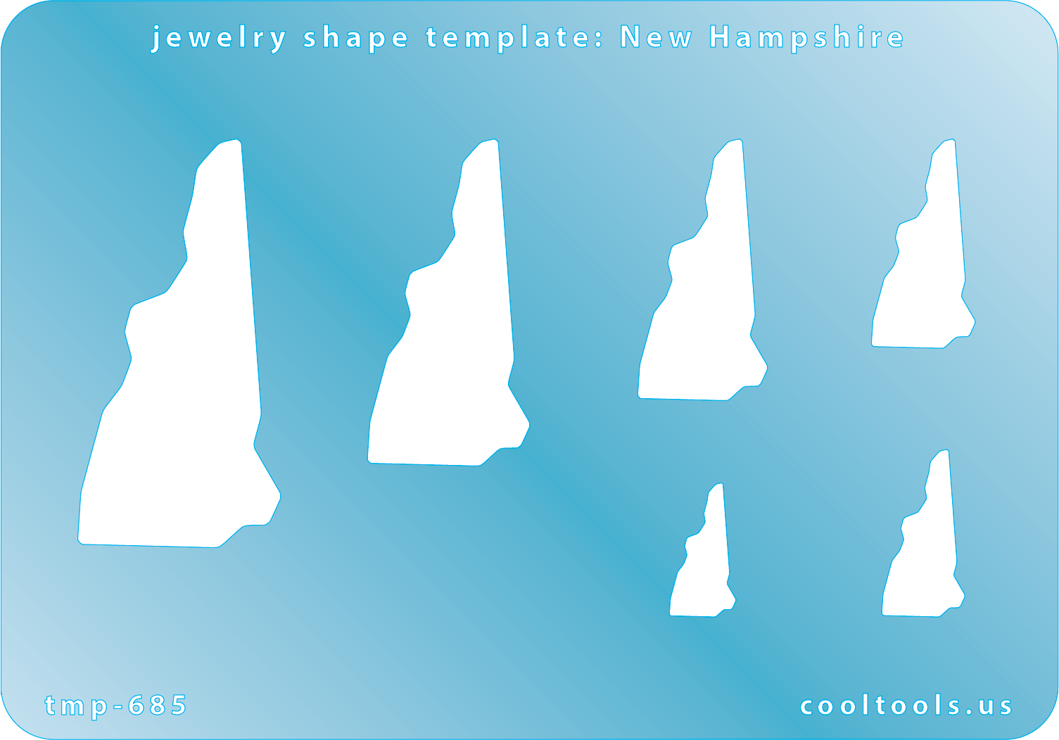 Blue plastic Jewelry Shape Template - New Hampshire All 50 U.S. States are available. These templates are perfect for creating a personalized gift or a piece for yourself to represent your favorite state.  Includes 6 shapes. Sizes are from 16.5mm to 51.5mm.