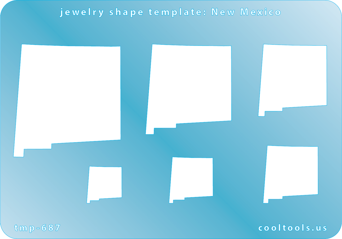 Blue plastic Jewelry Shape Template - New Mexico All 50 U.S. States are available. These templates are perfect for creating a personalized gift or a piece for yourself to represent your favorite state.  Includes 6 shapes. Sizes are from 13.5mm to 41.5mm.