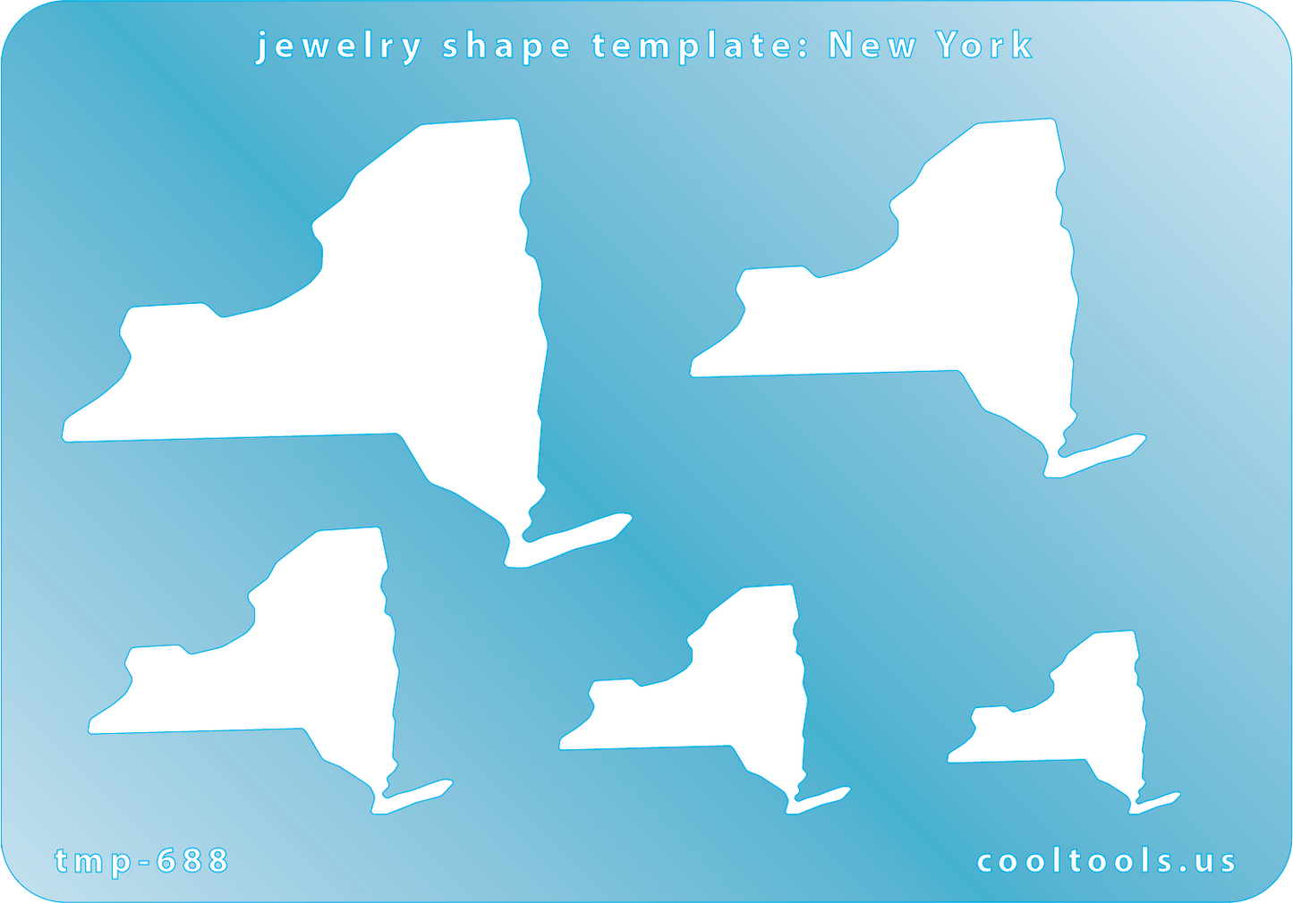 Blue plastic Jewelry Shape Template - New York All 50 U.S. States are available. These templates are perfect for creating a personalized gift or a piece for yourself to represent your favorite state.  Includes 6 shapes. Sizes are from 18mm to 55mm.