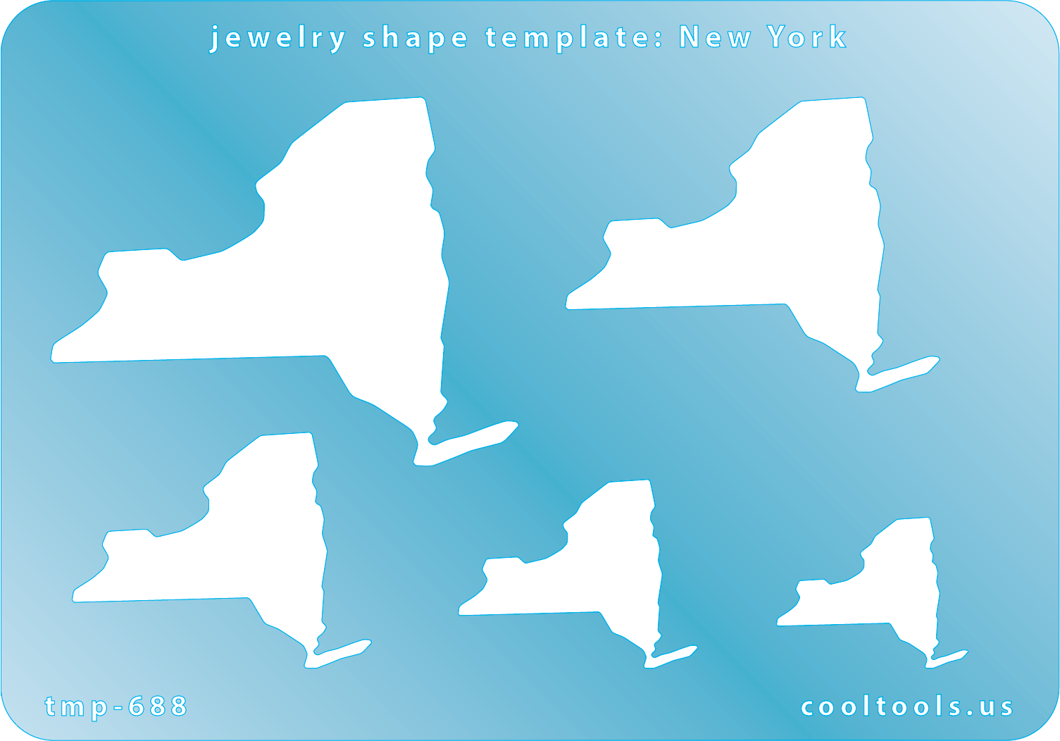 Blue plastic Jewelry Shape Template - New York All 50 U.S. States are available. These templates are perfect for creating a personalized gift or a piece for yourself to represent your favorite state.  Includes 6 shapes. Sizes are from 18mm to 55mm.