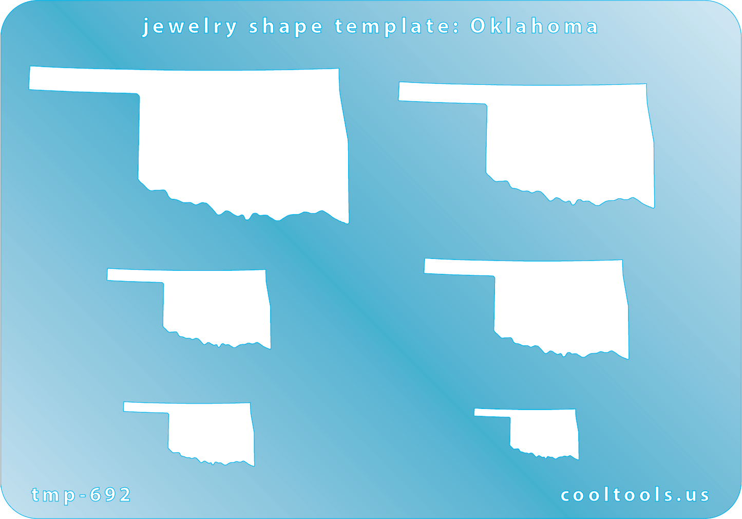 Blue plastic Jewelry Shape Template - Oklahoma All 50 U.S. States are available. These templates are perfect for creating a personalized gift or a piece for yourself to represent your favorite state.  Includes 6 shapes. Sizes are from 19.5mm to 59.5mm.