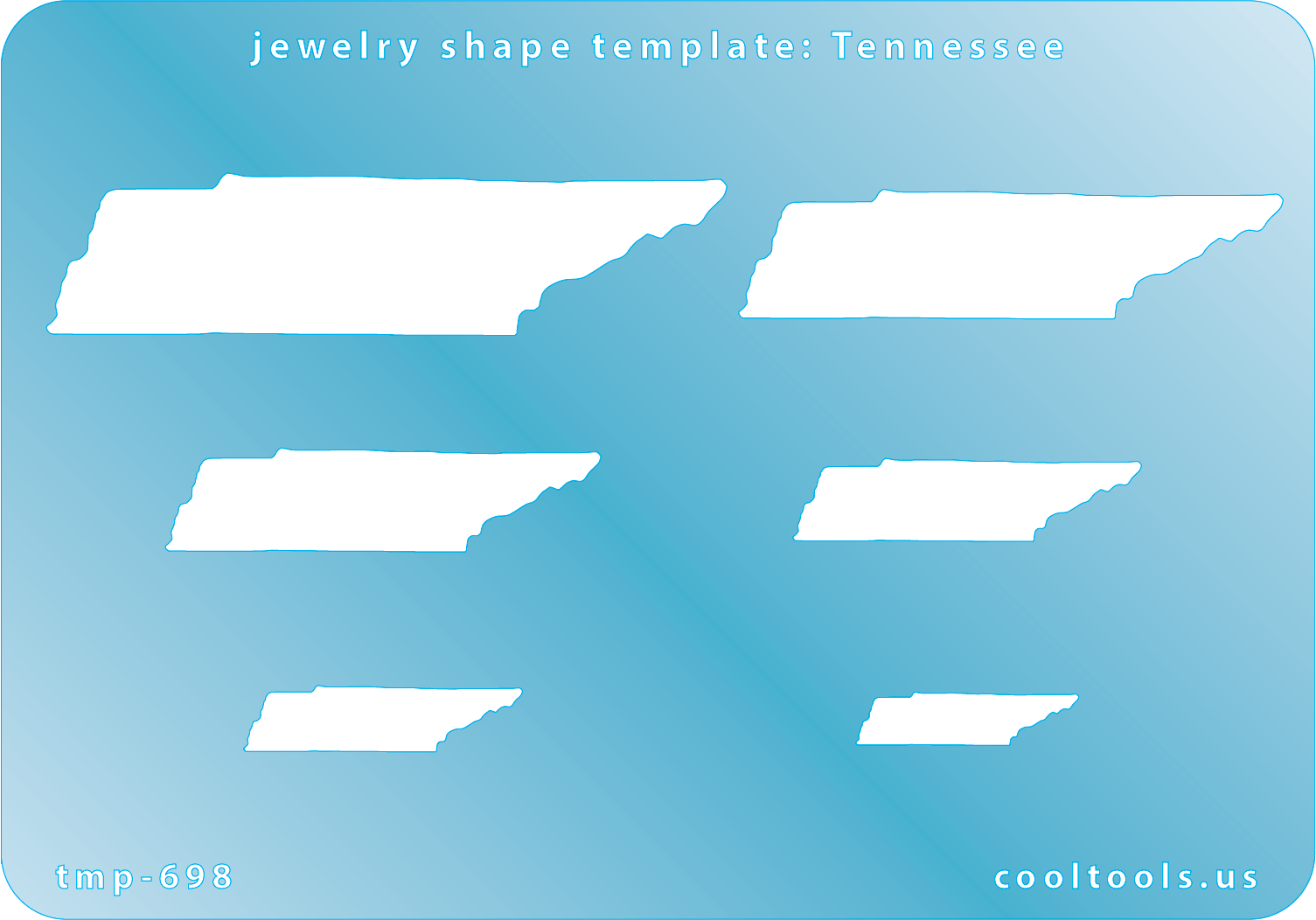 blue plastic Jewelry Shape Template - Tennessee


All 50 U.S. States are available. These templates are perfect for creating a personalized gift or a piece for yourself to represent your favorite state.

Includes 6 shapes. Sizes are from 21.5mm to 66.5mm.

Our special surface makes it easy to find these templates on your workbench, but allows clarity for positioning.