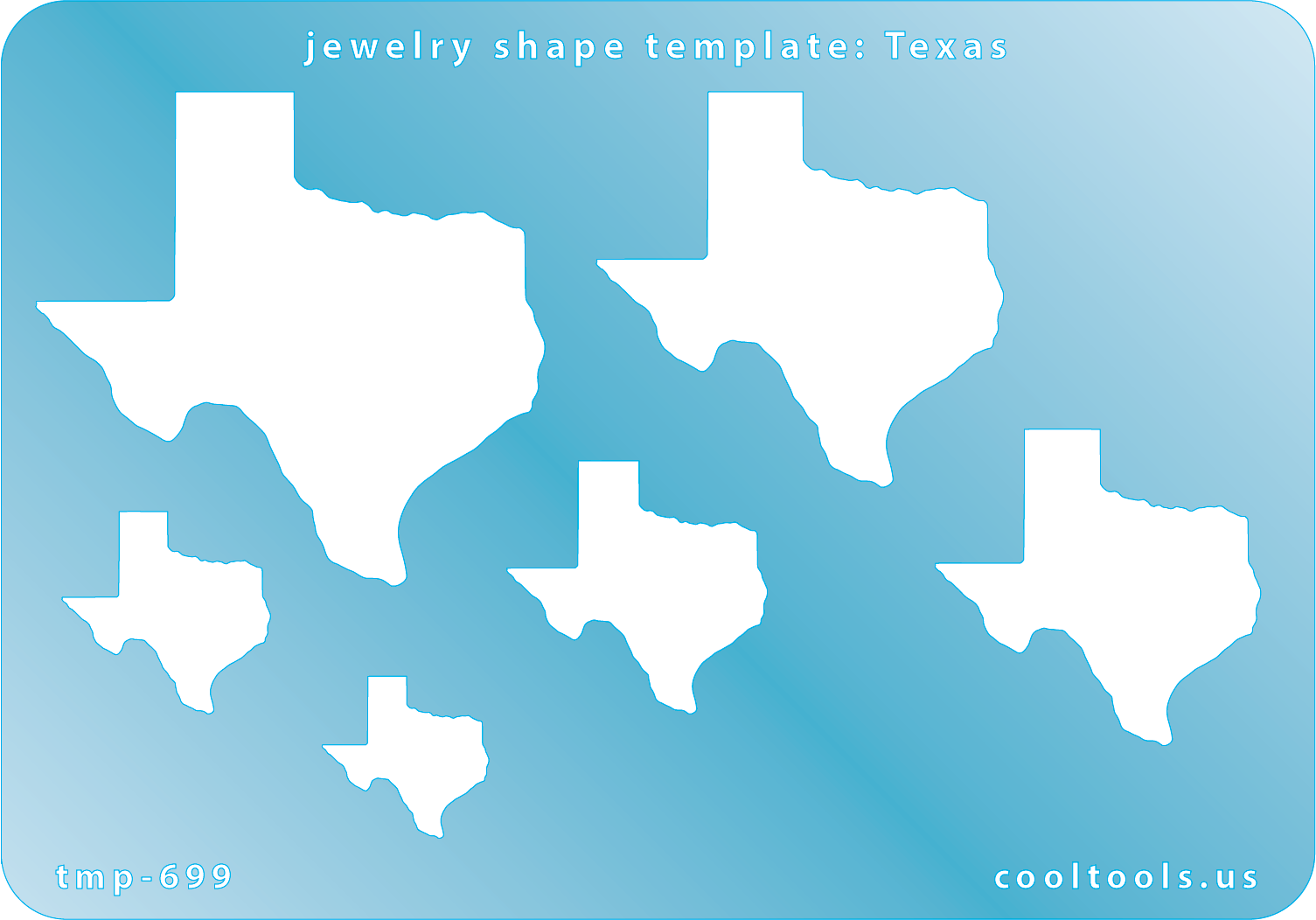 Blue plastic Jewelry Shape Template - Texas All 50 U.S. States are available. These templates are perfect for creating a personalized gift or a piece for yourself to represent your favorite state.  Includes 6 shapes. Sizes are from 17mm to 52mm.