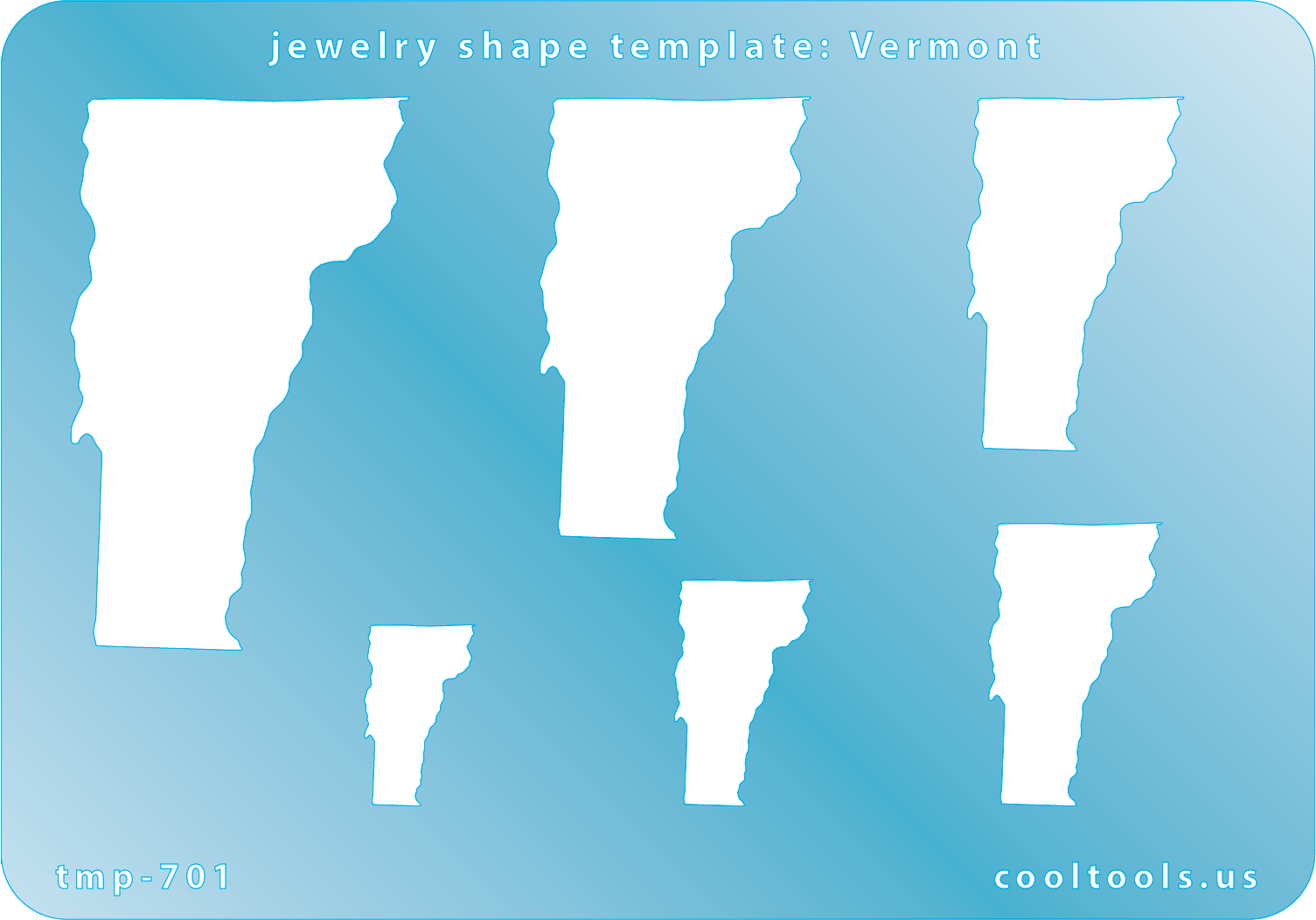 Blue plastic Jewelry Shape Template - Vermont All 50 U.S. States are available. These templates are perfect for creating a personalized gift or a piece for yourself to represent your favorite state.  Includes 6 shapes. Sizes are from 19mm to 60.5mm.