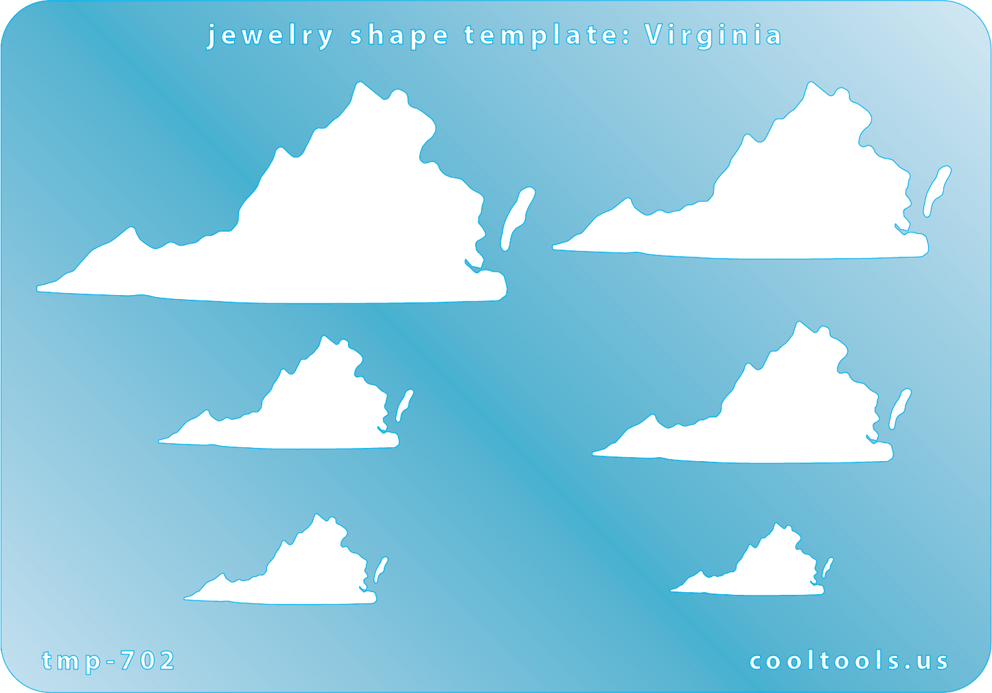 Blue plastic Jewelry Shape Template - Virginia All 50 U.S. States are available. These templates are perfect for creating a personalized gift or a piece for yourself to represent your favorite state.  Includes 6 shapes. Sizes are from 19mm to 58mm.