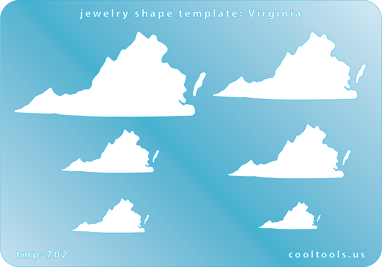 Blue plastic Jewelry Shape Template - Virginia All 50 U.S. States are available. These templates are perfect for creating a personalized gift or a piece for yourself to represent your favorite state.  Includes 6 shapes. Sizes are from 19mm to 58mm.