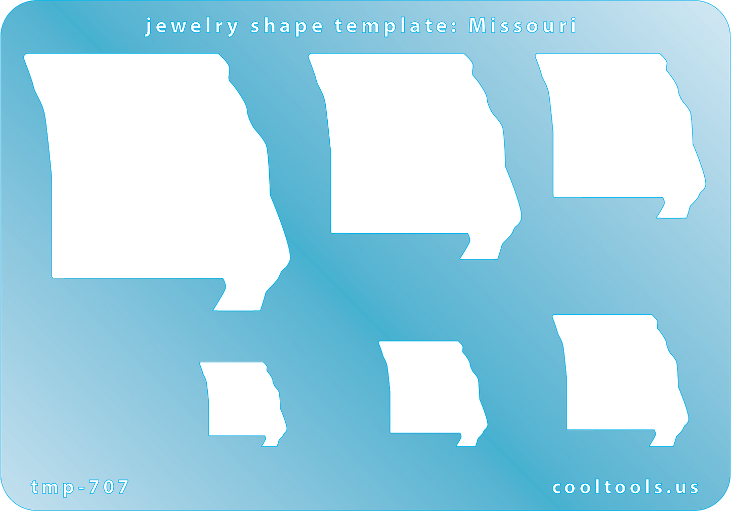 Blue plastic Jewelry Shape Template - Missouri All 50 U.S. States are available. These templates are perfect for creating a personalized gift or a piece for yourself to represent your favorite state.  Includes 6 shapes. Sizes are from 19.5mm to 60mm.