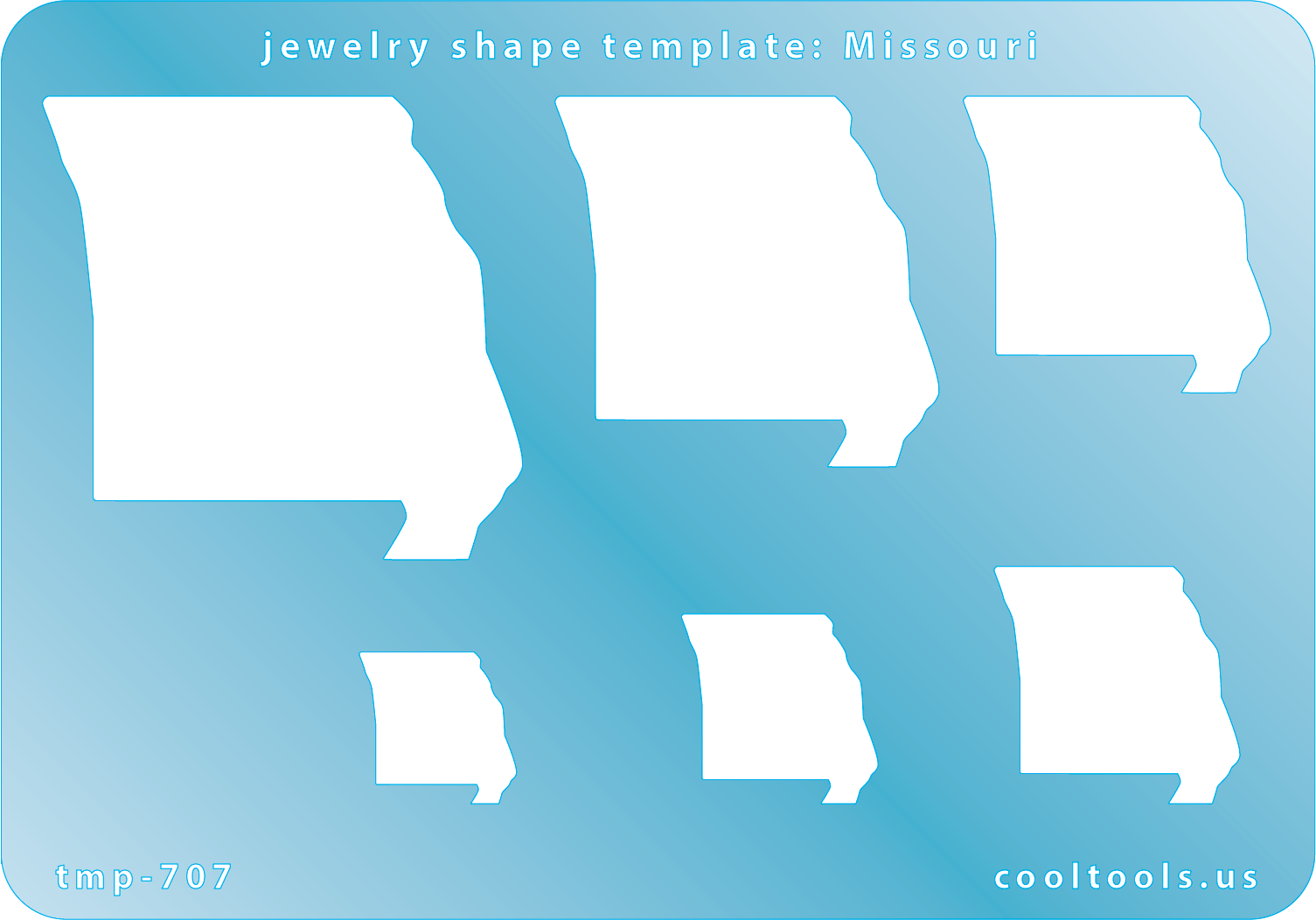 Blue plastic Jewelry Shape Template - Missouri All 50 U.S. States are available. These templates are perfect for creating a personalized gift or a piece for yourself to represent your favorite state.  Includes 6 shapes. Sizes are from 19.5mm to 60mm.
