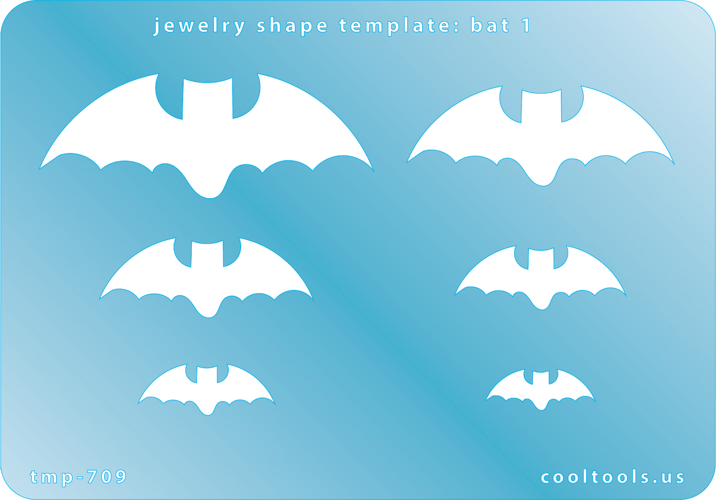 Blue plastic Jewelry Shape Template - Bat 1 Includes 6 shapes. Sizes are from 19mm to 53mm.  Our special surface makes it easy to find these templates on your workbench, but allows clarity for positioning.