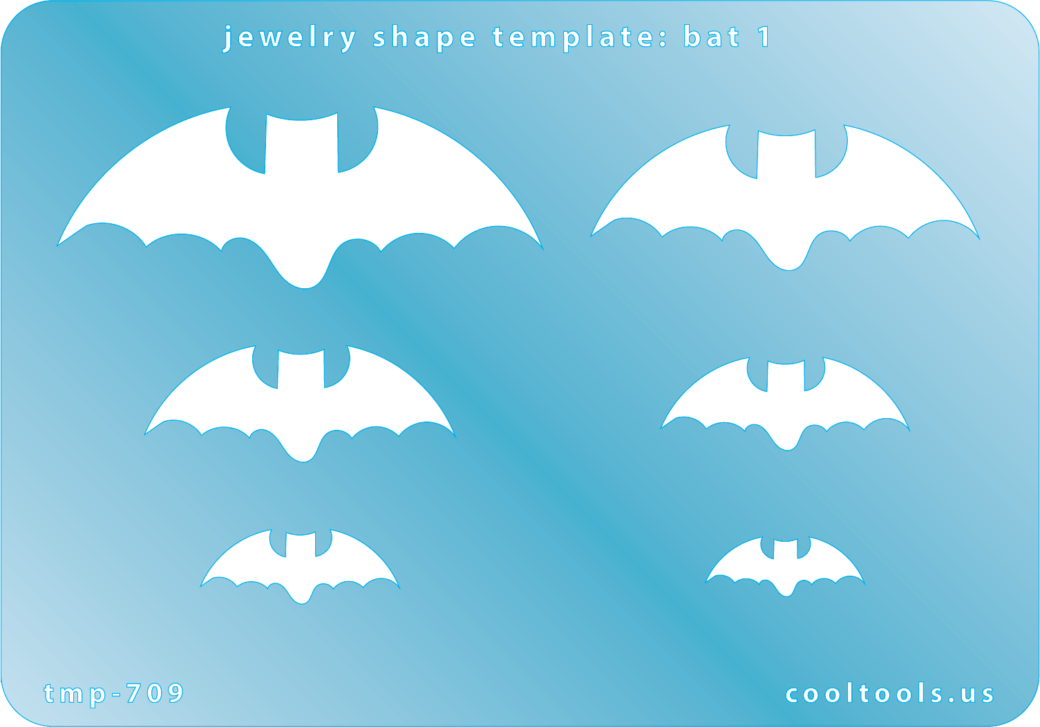 Blue plastic Jewelry Shape Template - Bat 1 Includes 6 shapes. Sizes are from 19mm to 53mm.  Our special surface makes it easy to find these templates on your workbench, but allows clarity for positioning.