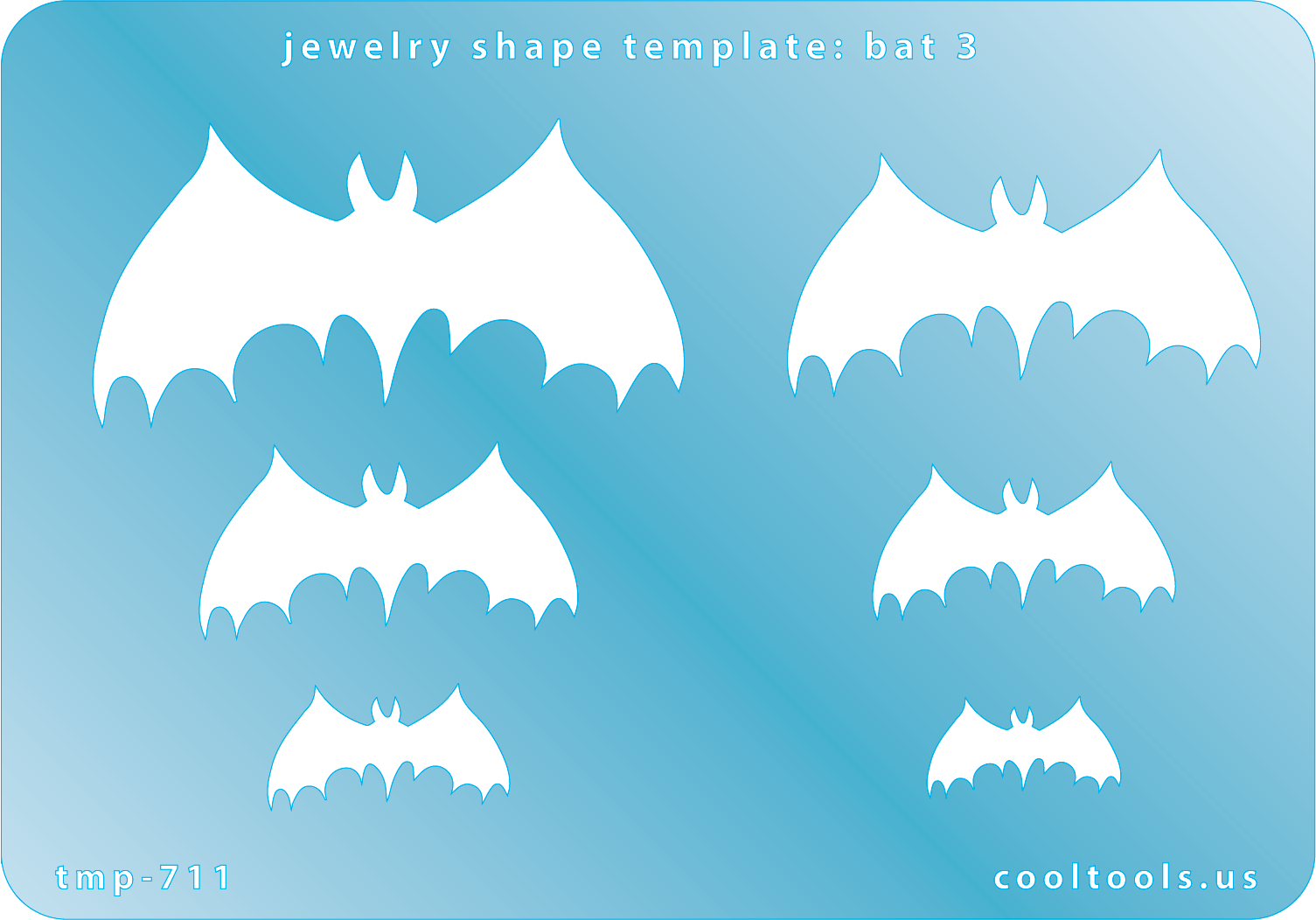 Blue plastic Jewelry Shape Template - Bat 3 Includes 6 shapes. Sizes are from 18mm to 57mm.  Our special surface makes it easy to find these templates on your workbench, but allows clarity for positioning.