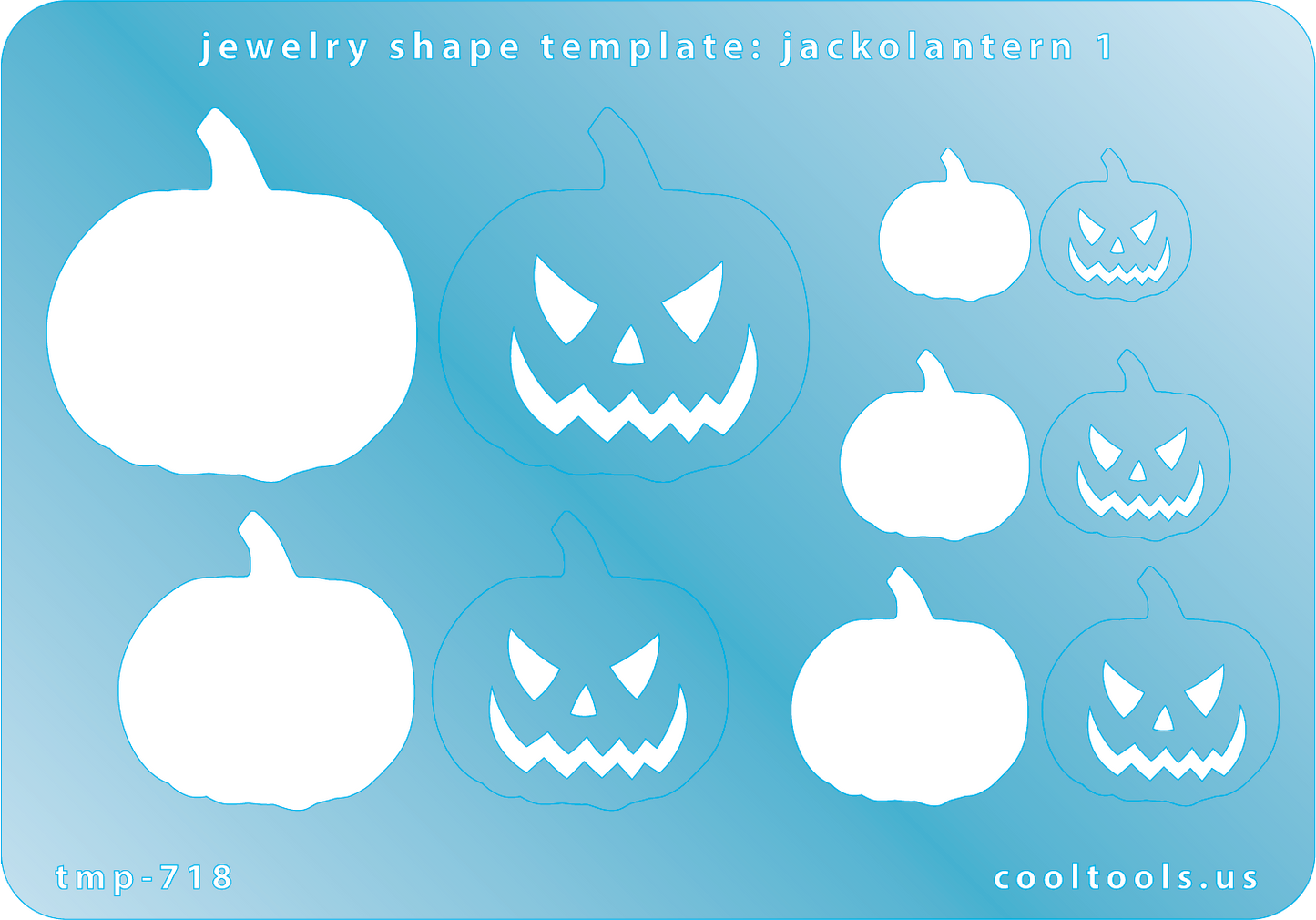 Blue plastic Jewelry Shape Template - Jack-o-Lantern 1 Includes 5 shapes. Sizes are from 14mm to 35mm.  Our special surface makes it easy to find these templates on your workbench, but allows clarity for positioning.