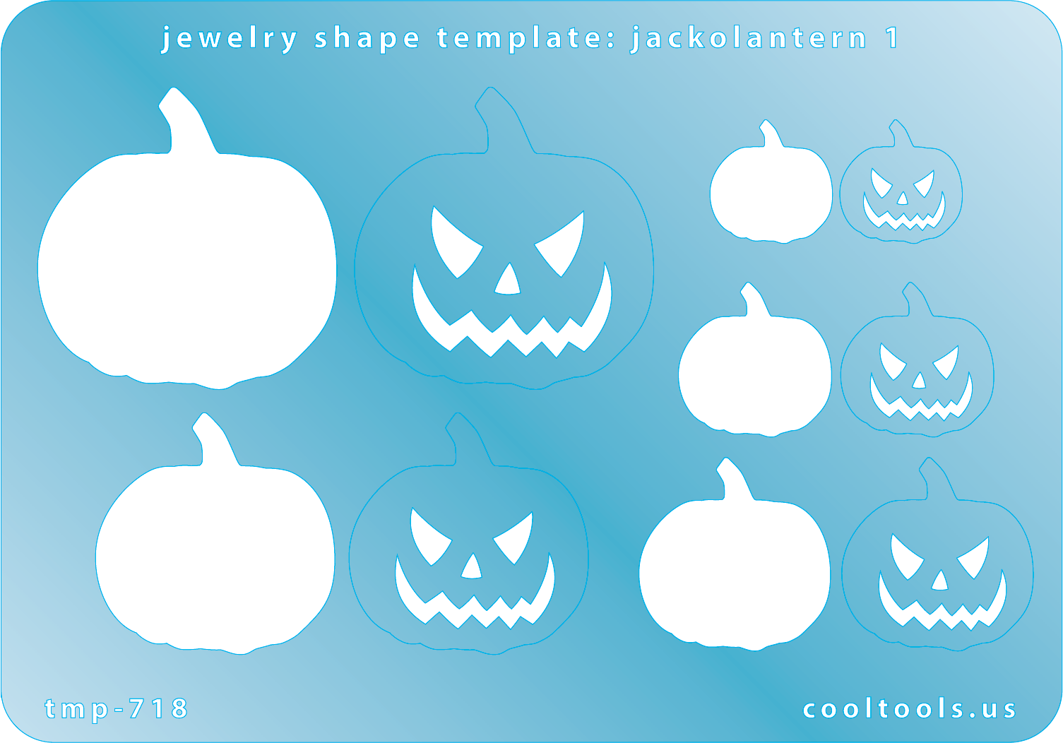 Blue plastic Jewelry Shape Template - Jack-o-Lantern 1 Includes 5 shapes. Sizes are from 14mm to 35mm.  Our special surface makes it easy to find these templates on your workbench, but allows clarity for positioning.