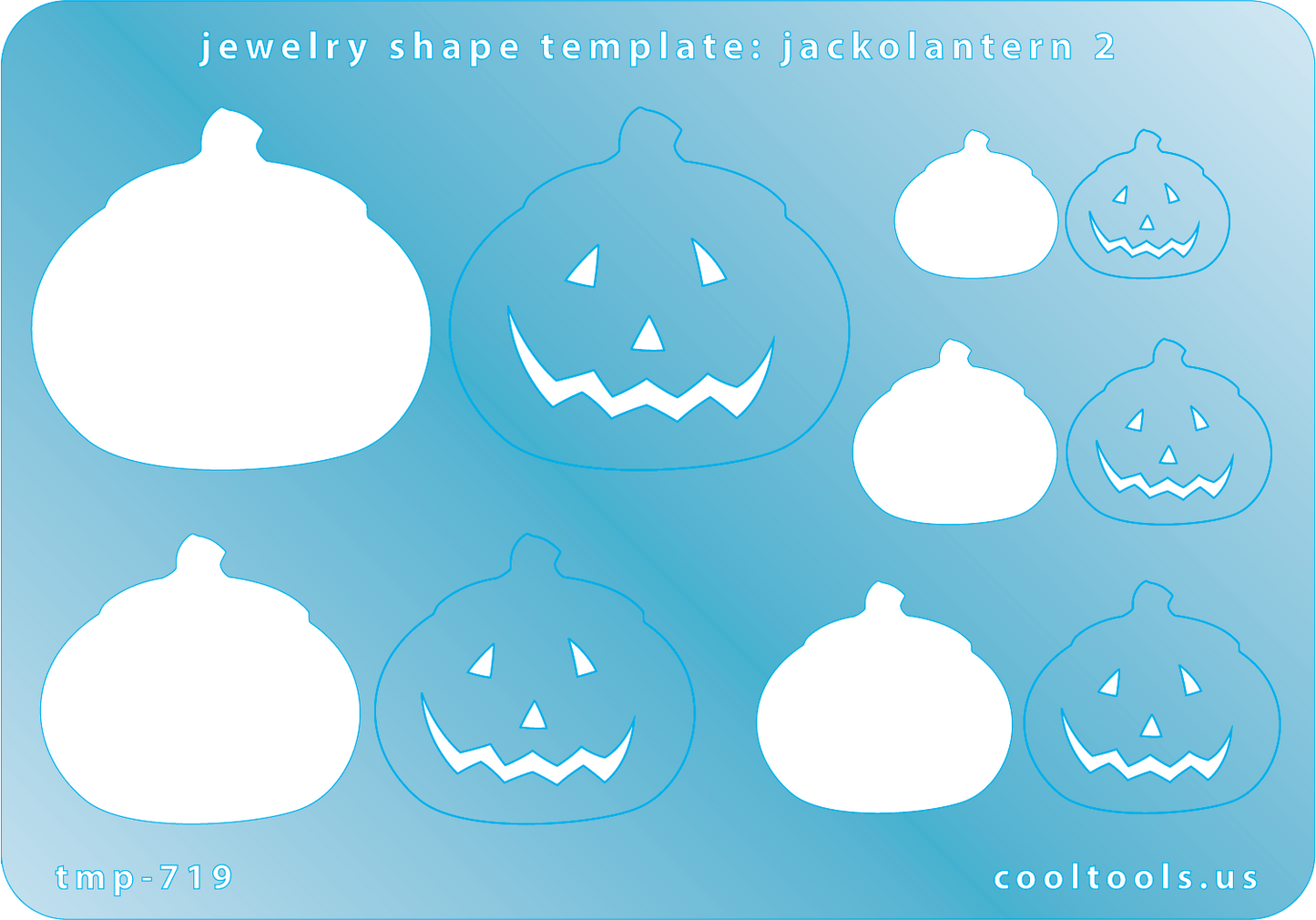Blue plastic Jewelry Shape Template - Jack-o-Lantern 2 Includes 5 shapes. Sizes are from 14mm to 35mm.  Our special surface makes it easy to find these templates on your workbench, but allows clarity for positioning.