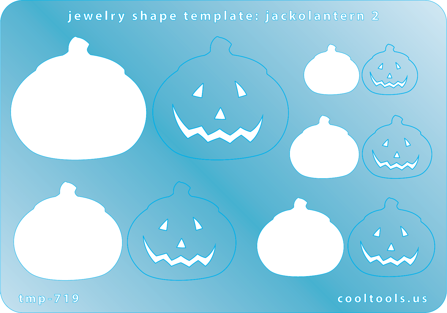 Blue plastic Jewelry Shape Template - Jack-o-Lantern 2 Includes 5 shapes. Sizes are from 14mm to 35mm.  Our special surface makes it easy to find these templates on your workbench, but allows clarity for positioning.