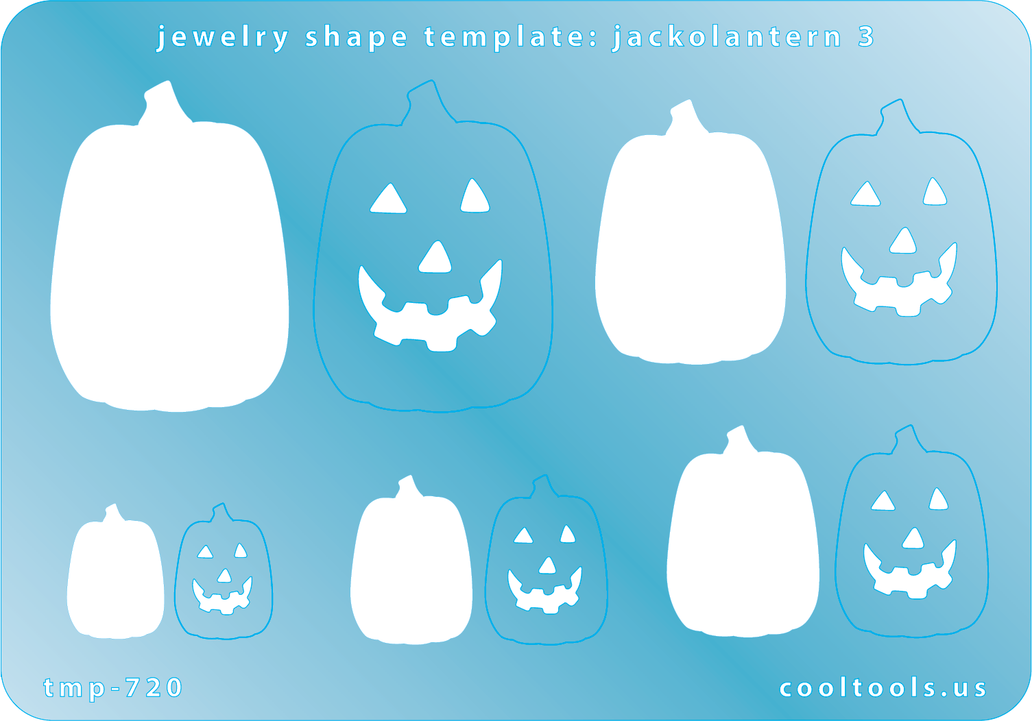 Blue plastic Jewelry Shape Template - Jack-o-Lantern 3 Includes 5 shapes. Sizes are from 16mm to 40mm.  Our special surface makes it easy to find these templates on your workbench, but allows clarity for positioning.