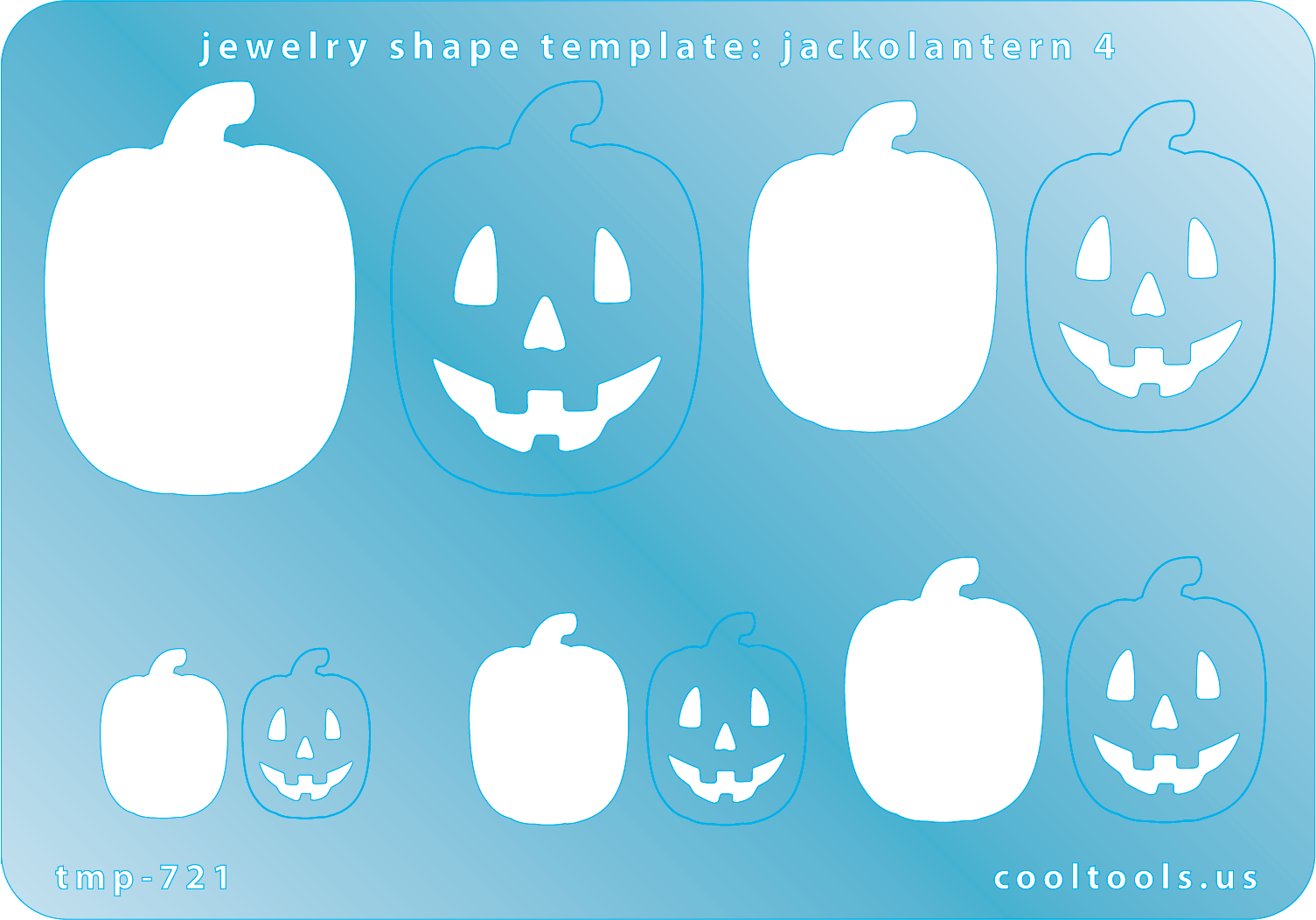Blue plastic Jewelry Shape Template - Jack-o-Lantern 4 Includes 5 shapes. Sizes are from 16mm to 40mm.  Our special surface makes it easy to find these templates on your workbench, but allows clarity for positioning.