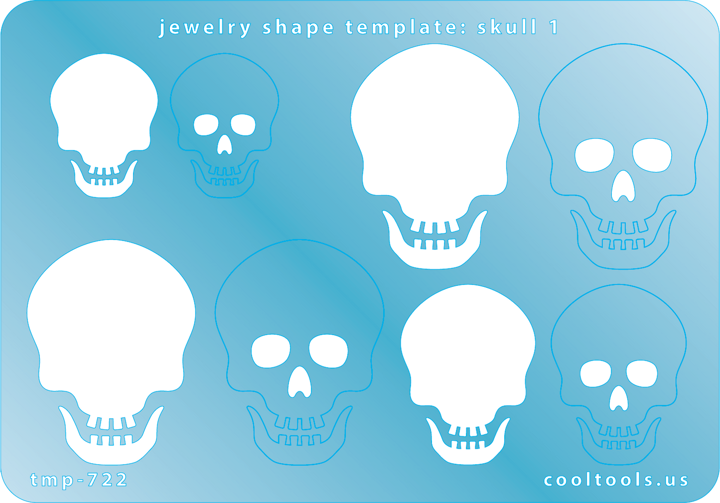 Blue plastic Jewelry Shape Template - Skull 1 Includes 4 shapes. Sizes are from 25.5mm to 40mm.  Our special surface makes it easy to find these templates on your workbench, but allows clarity for positioning.