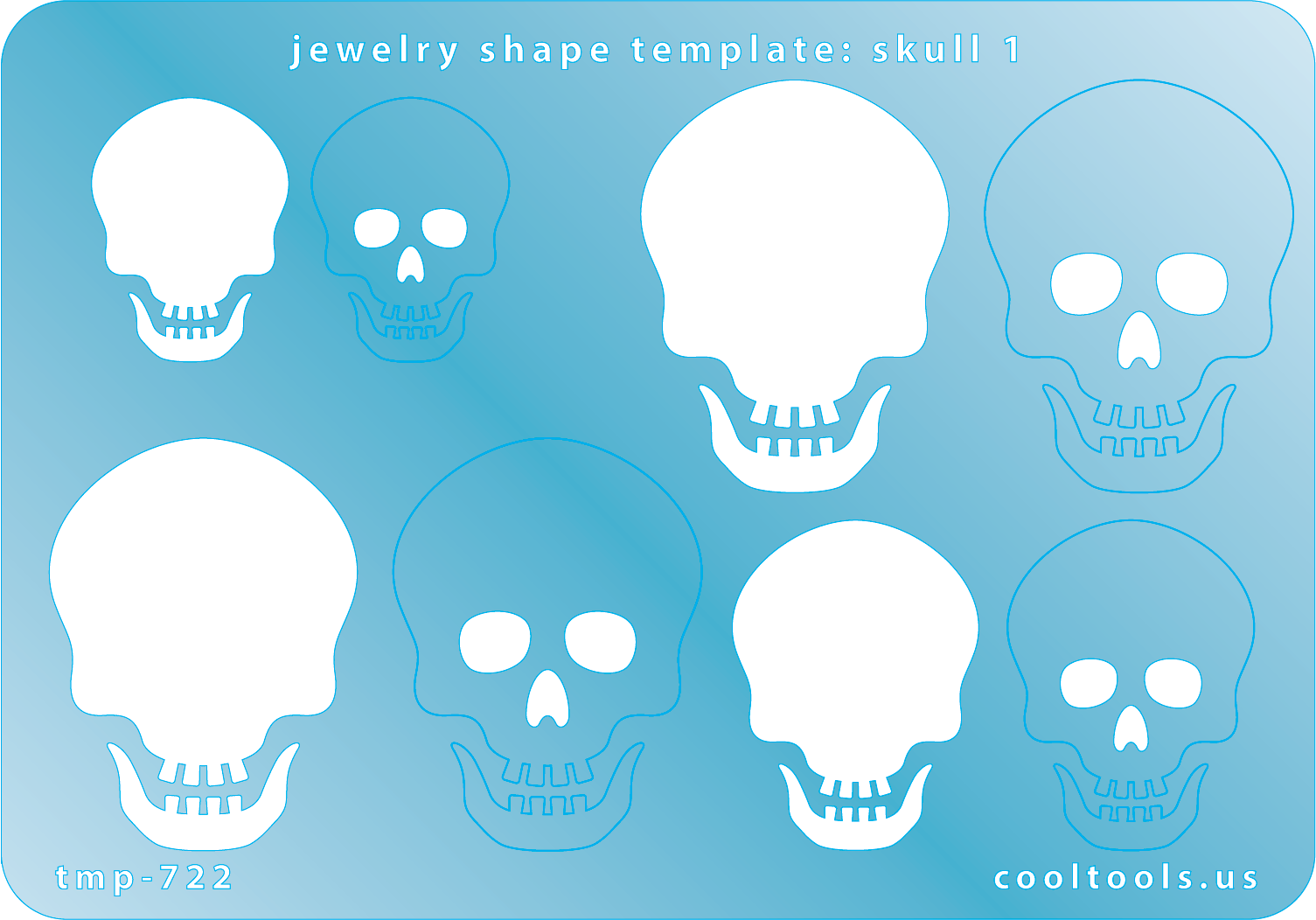 Blue plastic Jewelry Shape Template - Skull 1 Includes 4 shapes. Sizes are from 25.5mm to 40mm.  Our special surface makes it easy to find these templates on your workbench, but allows clarity for positioning.