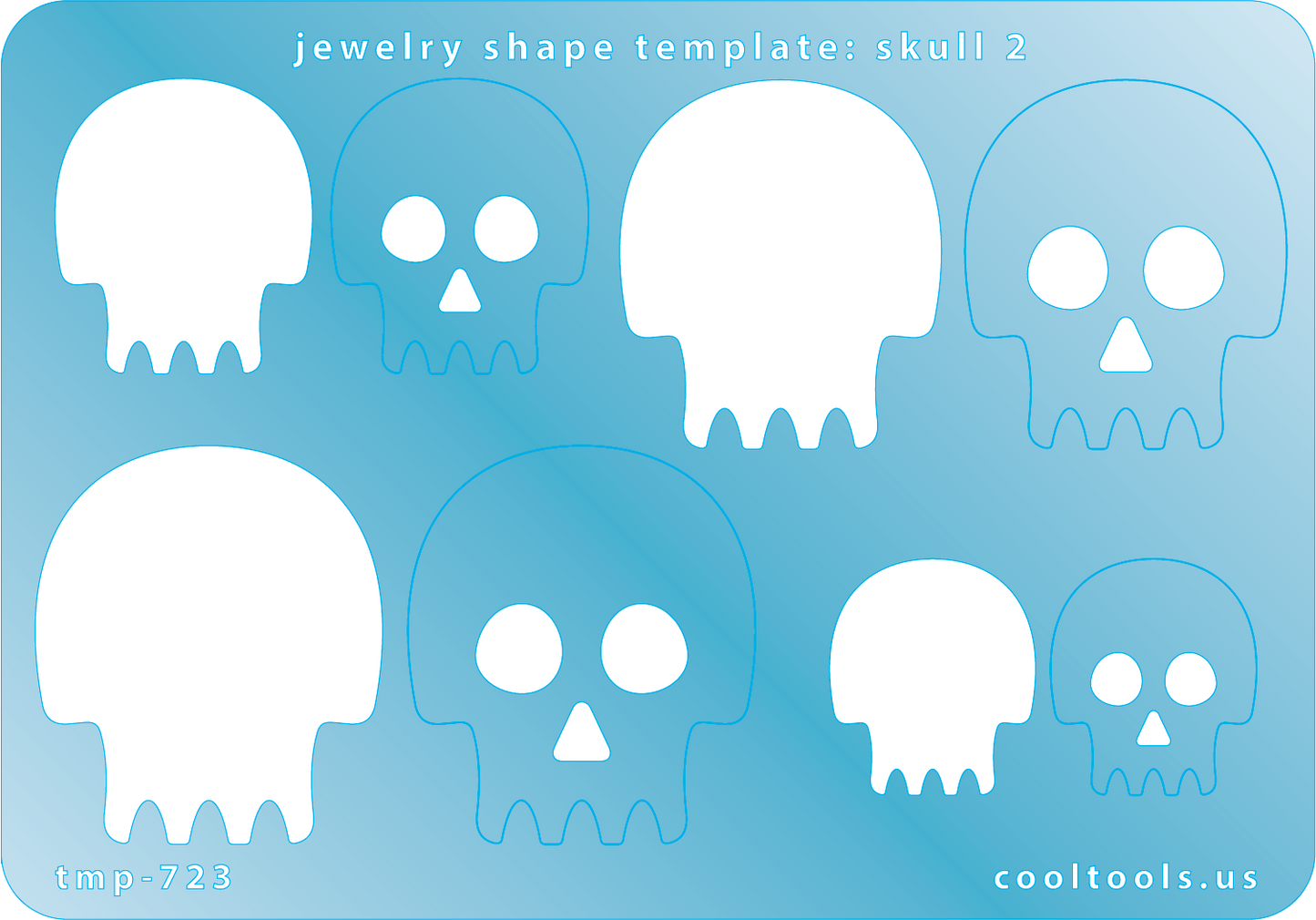 Blue plastic Jewelry Shape Template - Skull 2 Includes 4 shapes. Sizes are from 23mm to 39mm.  Our special surface makes it easy to find these templates on your workbench, but allows clarity for positioning.
