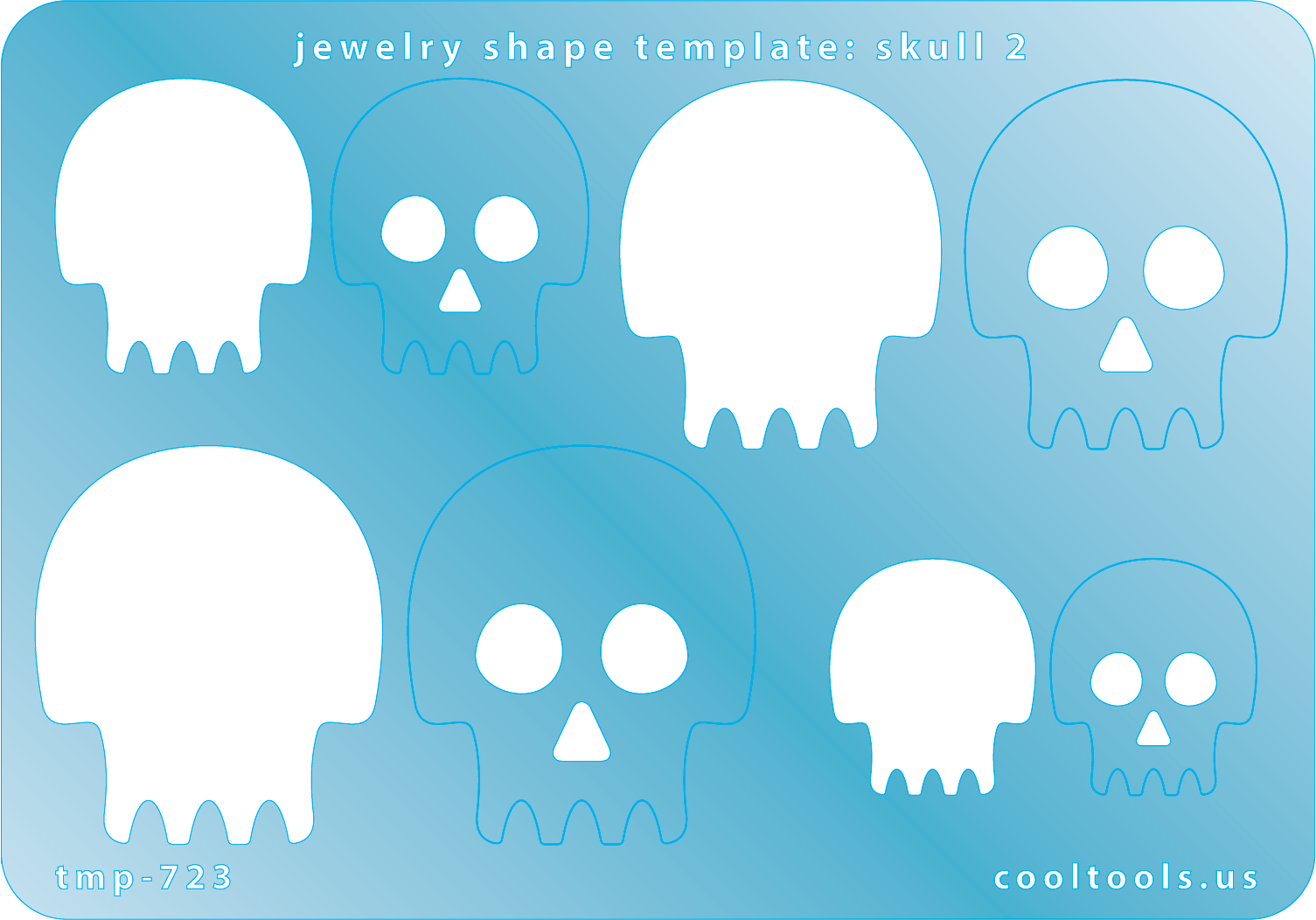 Blue plastic Jewelry Shape Template - Skull 2 Includes 4 shapes. Sizes are from 23mm to 39mm.  Our special surface makes it easy to find these templates on your workbench, but allows clarity for positioning.